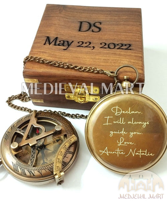 MEDIEVALMART FR Boussole Nautique Vintage Trip Gear en Laiton – Finition Or Brillant avec Base en Bois | Cadeau pour Maman