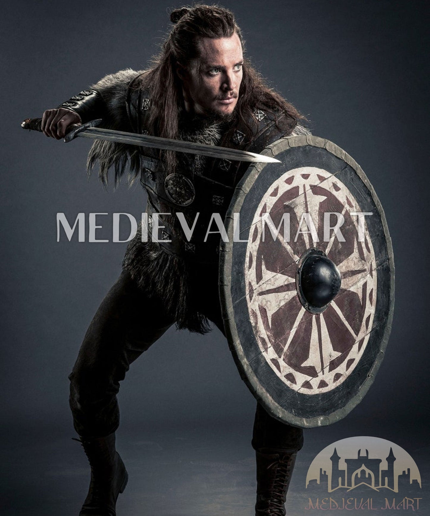 MEDIEVALMART FR Bouclier Viking Iconique Valhalla Noir/Gris – Ivar le Désossé avec Pointes en Fer | Cadeau pour Papa