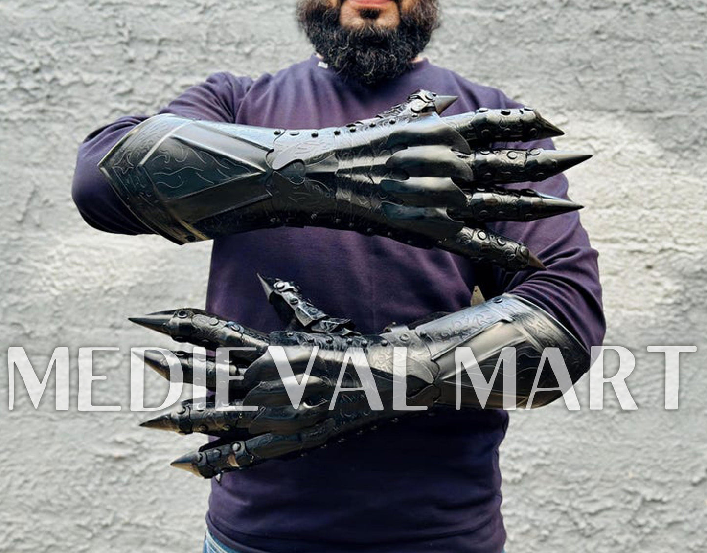MEDIEVALMART FR Ensemble De Gantelets Dorés Inspirés De Sauron Witcher LOTR Avec Étoile Bleue – Gants D’Armure Cosplay