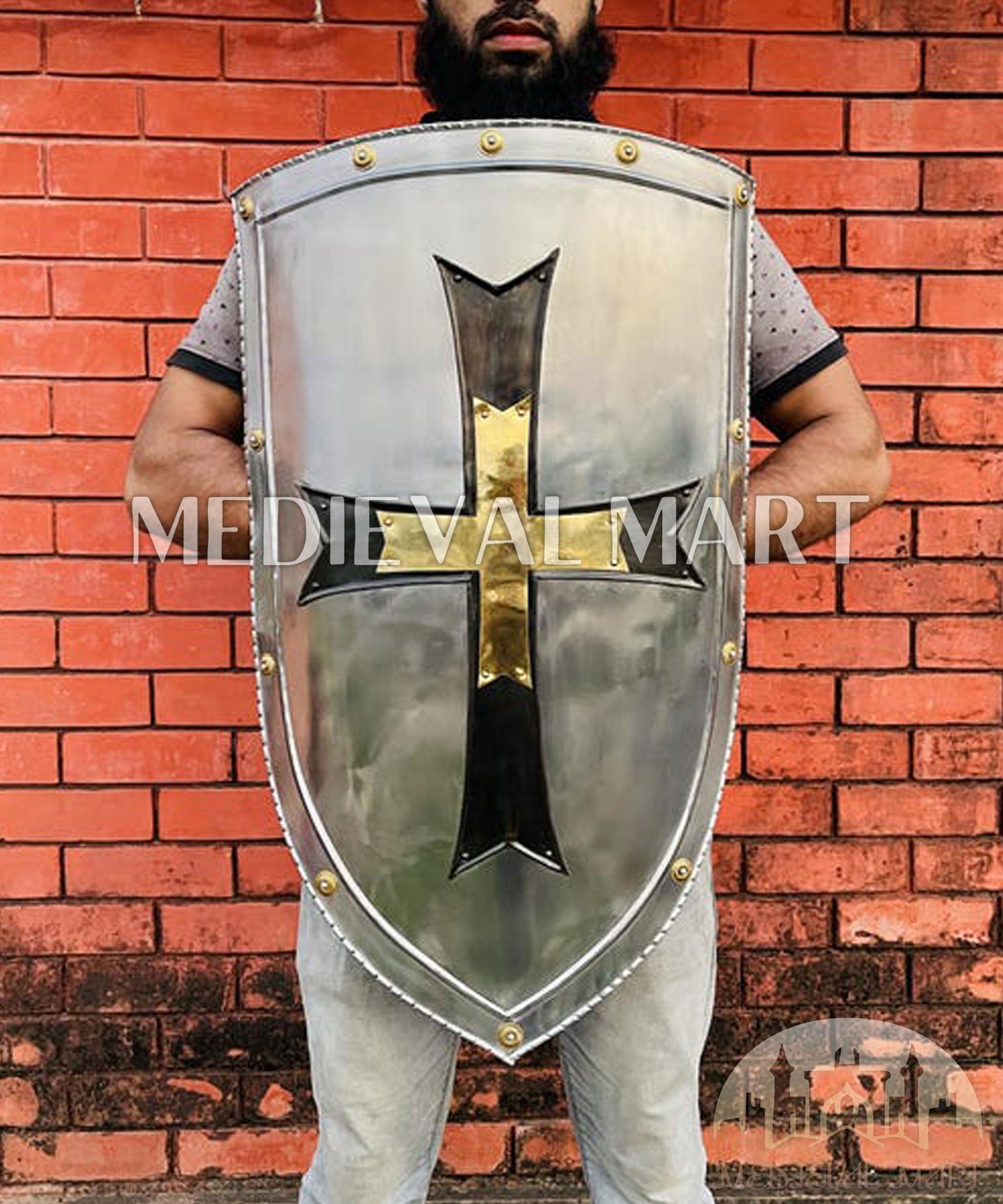 MEDIEVALMART FR Bouclier Médiéval Templier Inspiré de la Croix Zelda & Diable en Bois – Finition Bleue & Or | Cadeau pour Noël