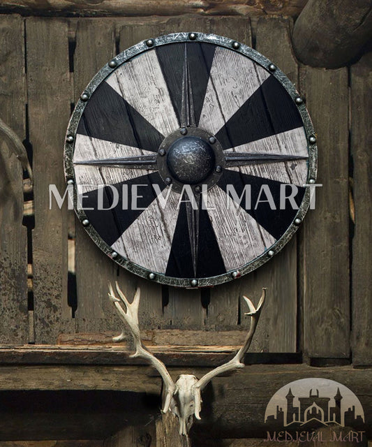 MEDIEVALMART FR Bouclier Viking Iconique Valhalla Noir/Gris – Ivar le Désossé avec Pointes en Fer | Cadeau pour Papa
