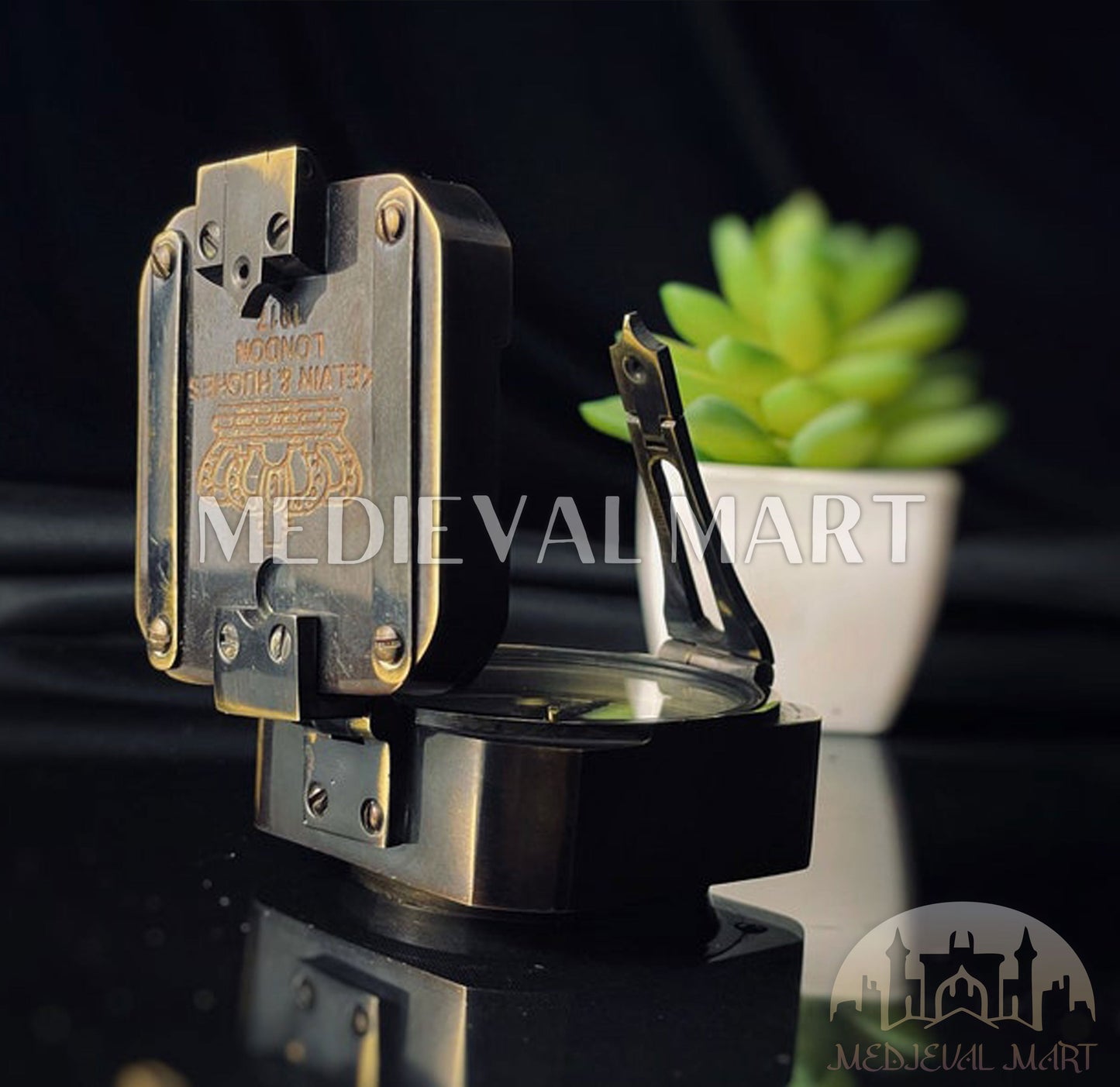 MEDIEVALMART FR Boussole Nautique Vintage Trip Gear en Laiton – Finition Or Brillant avec Base en Bois | Cadeau pour Maman