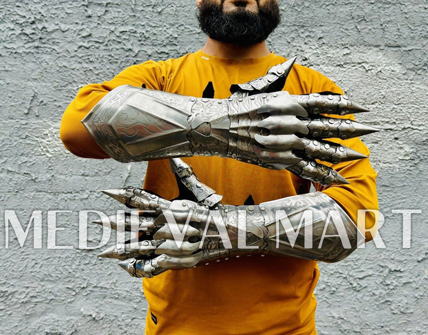 MEDIEVALMART FR Ensemble De Gantelets Dorés Inspirés De Sauron Witcher LOTR Avec Étoile Bleue – Gants D’Armure Cosplay