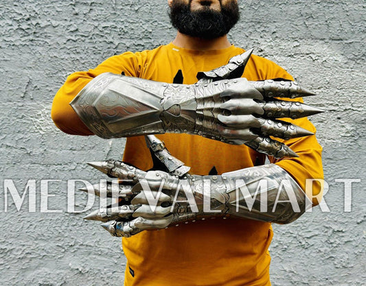 MEDIEVALMART FR Ensemble De Gantelets Dorés Inspirés De Sauron Witcher LOTR Avec Étoile Bleue – Gants D’Armure Cosplay