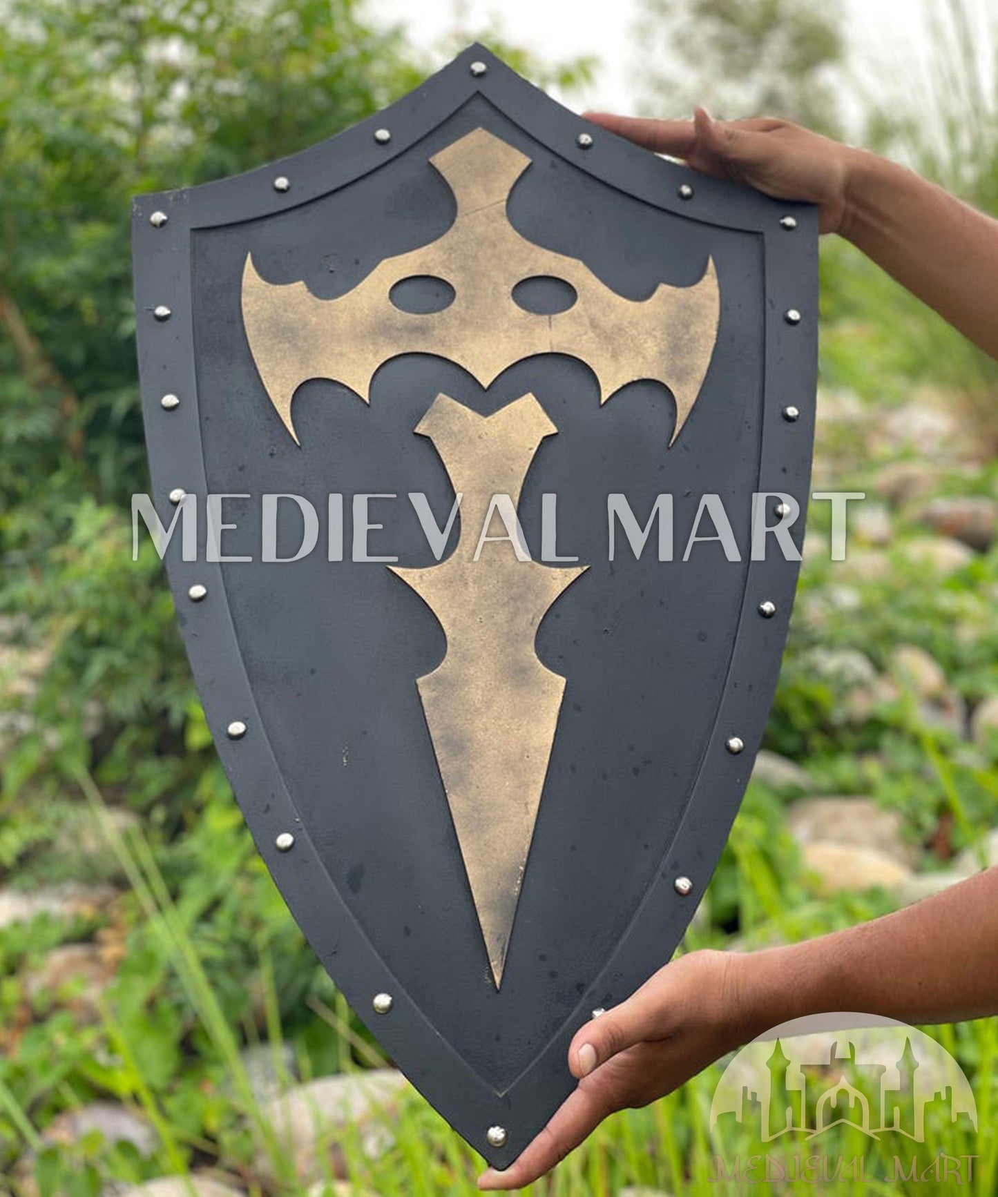 MEDIEVALMART FR Bouclier Médiéval Templier Inspiré de la Croix Zelda & Diable en Bois – Finition Bleue & Or | Cadeau pour Noël