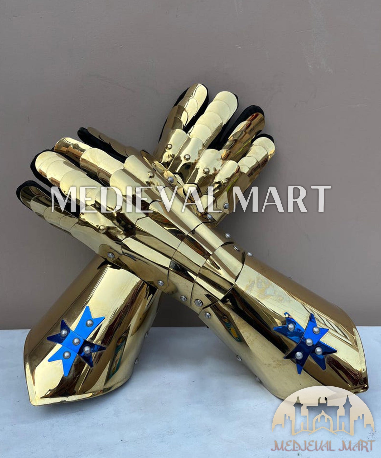 MEDIEVALMART FR Ensemble De Gantelets Dorés Inspirés De Sauron Witcher LOTR Avec Étoile Bleue – Gants D’Armure Cosplay