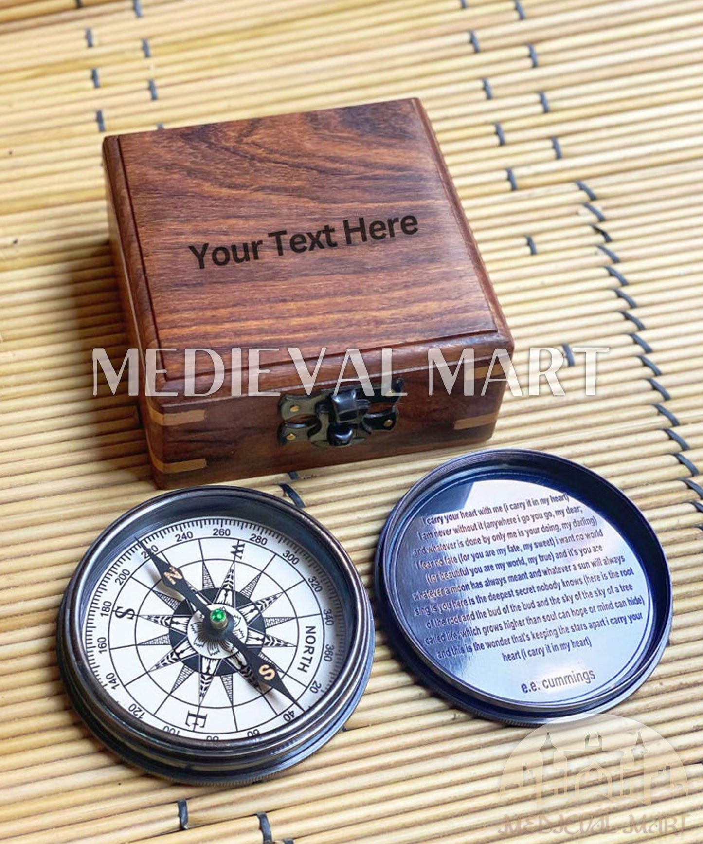 MEDIEVALMART FR Boussole Nautique Vintage Trip Gear en Laiton – Finition Or Brillant avec Base en Bois | Cadeau pour Maman