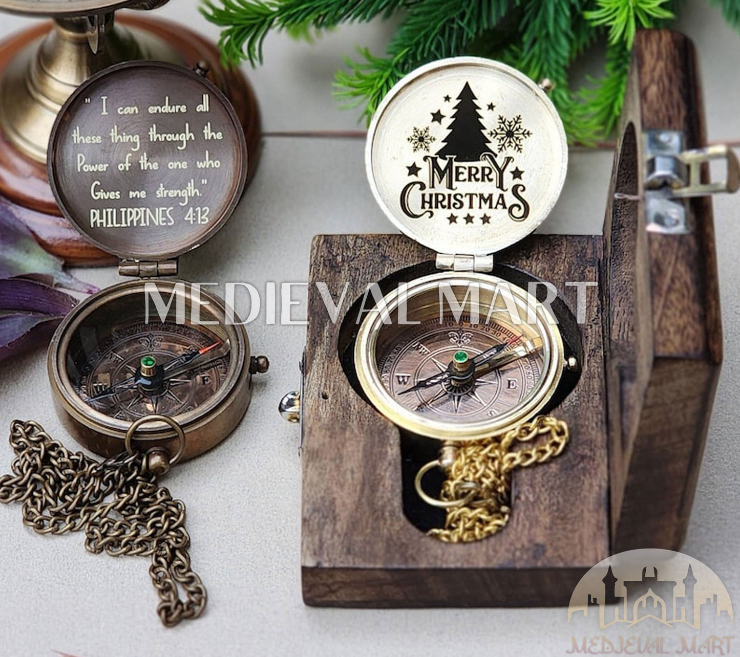 MEDIEVALMART FR Boussole Nautique Vintage Trip Gear en Laiton – Finition Or Brillant avec Base en Bois | Cadeau pour Maman