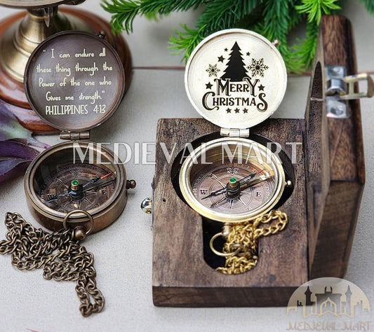 MEDIEVALMART FR Boussole Nautique Vintage Trip Gear en Laiton – Finition Or Brillant avec Base en Bois | Cadeau pour Maman