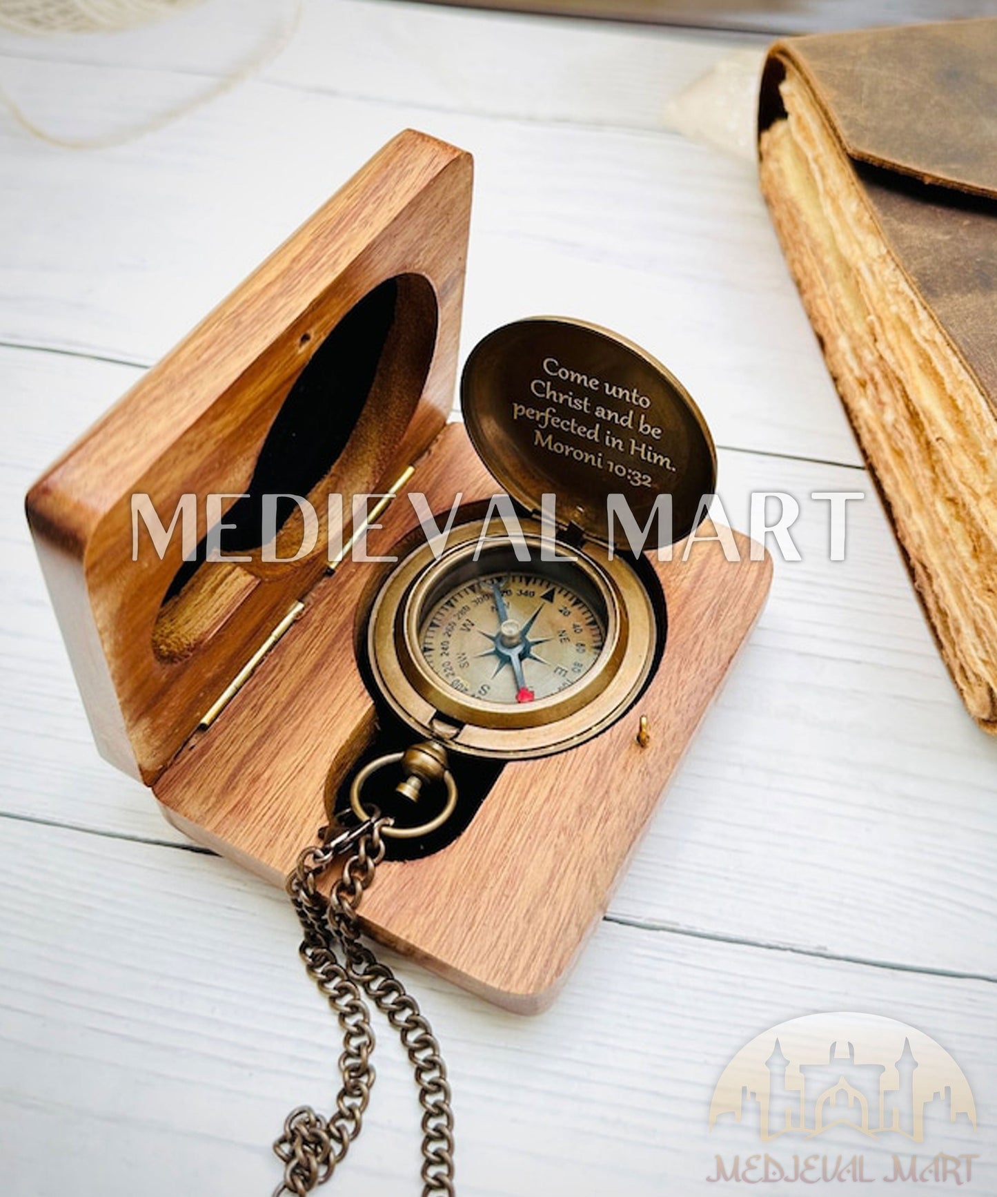 MEDIEVALMART FR Boussole Nautique Vintage Trip Gear en Laiton – Finition Or Brillant avec Base en Bois | Cadeau pour Maman