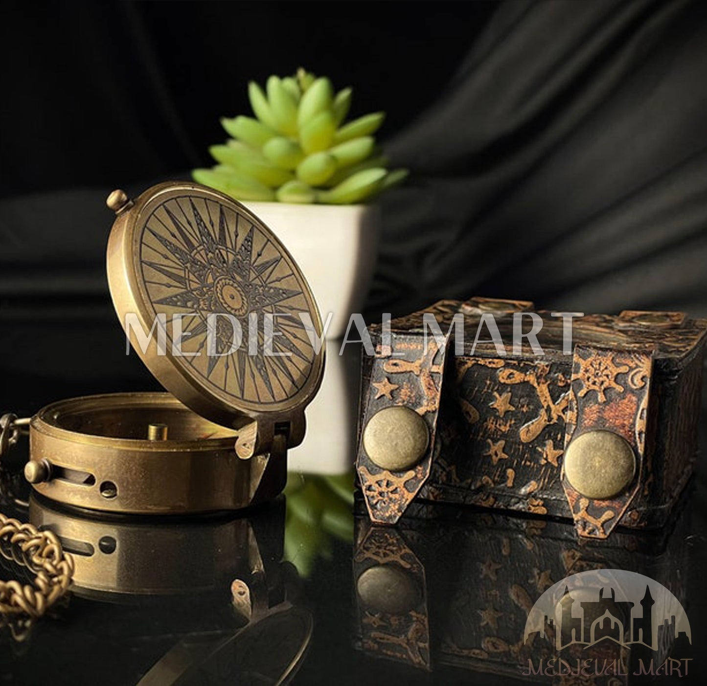 MEDIEVALMART FR Boussole Nautique Vintage Trip Gear en Laiton – Finition Or Brillant avec Base en Bois | Cadeau pour Maman