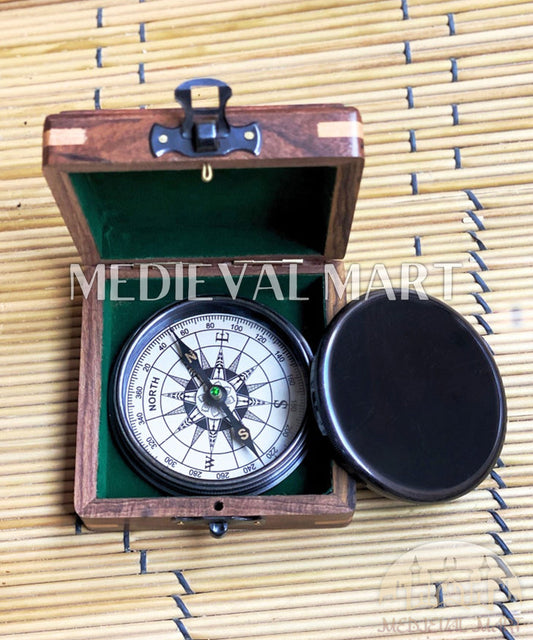 MEDIEVALMART FR Boussole Nautique Vintage Trip Gear en Laiton – Finition Or Brillant avec Base en Bois | Cadeau pour Maman