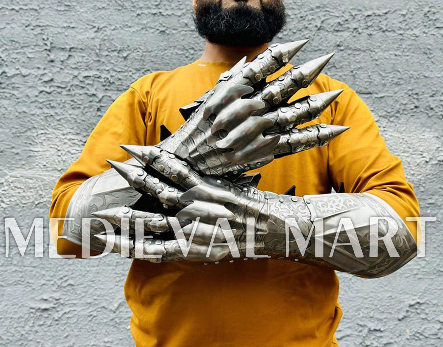 MEDIEVALMART FR Ensemble De Gantelets Dorés Inspirés De Sauron Witcher LOTR Avec Étoile Bleue – Gants D’Armure Cosplay