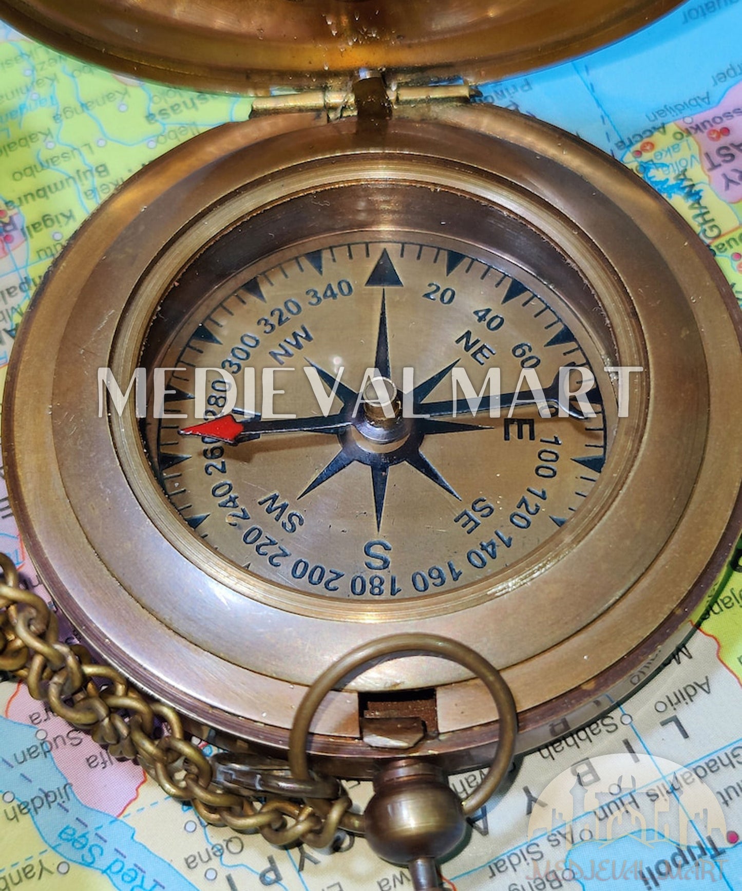 MEDIEVALMART FR Boussole Nautique Vintage Trip Gear en Laiton – Finition Or Brillant avec Base en Bois | Cadeau pour Maman