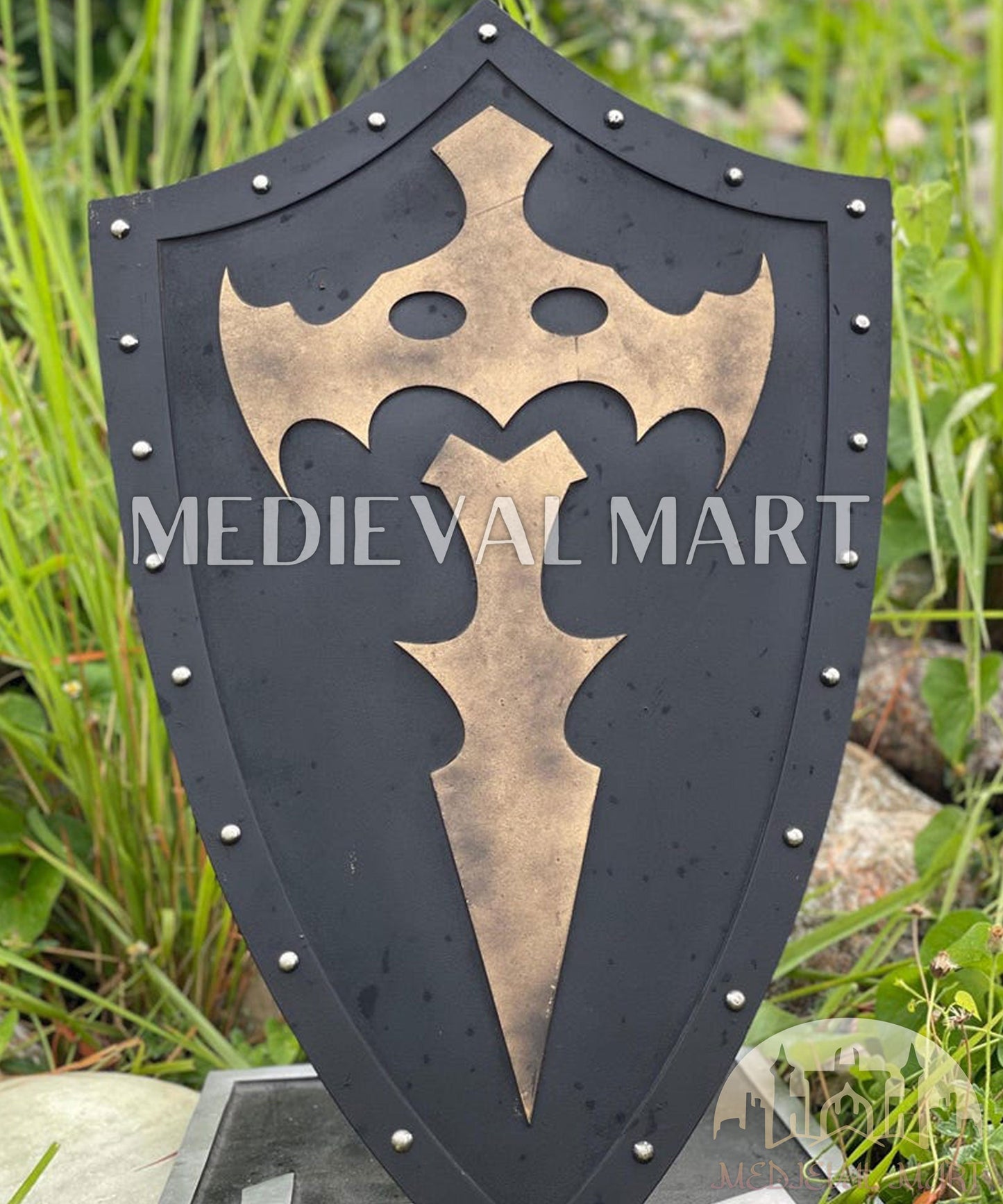 MEDIEVALMART FR Bouclier Médiéval Templier Inspiré de la Croix Zelda & Diable en Bois – Finition Bleue & Or | Cadeau pour Noël