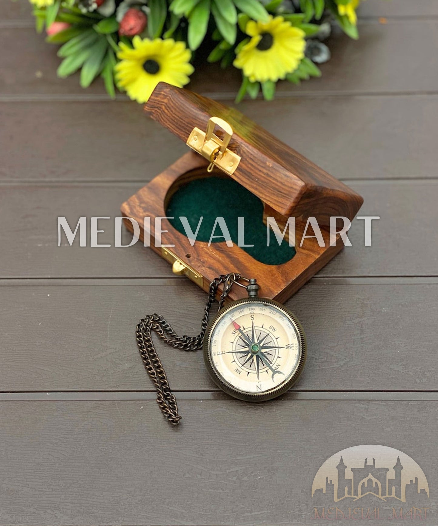 MEDIEVALMART FR Boussole Nautique Vintage Trip Gear en Laiton – Finition Or Brillant avec Base en Bois | Cadeau pour Maman