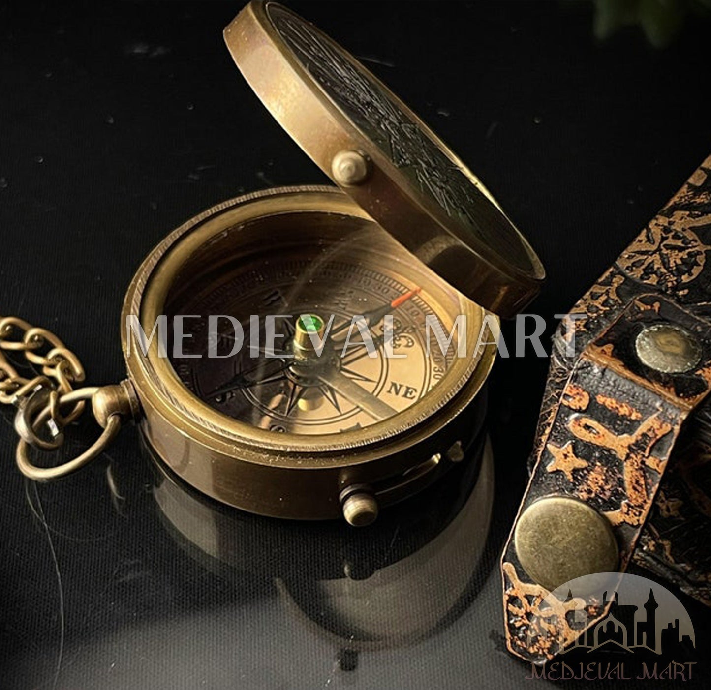 MEDIEVALMART FR Boussole Nautique Vintage Trip Gear en Laiton – Finition Or Brillant avec Base en Bois | Cadeau pour Maman