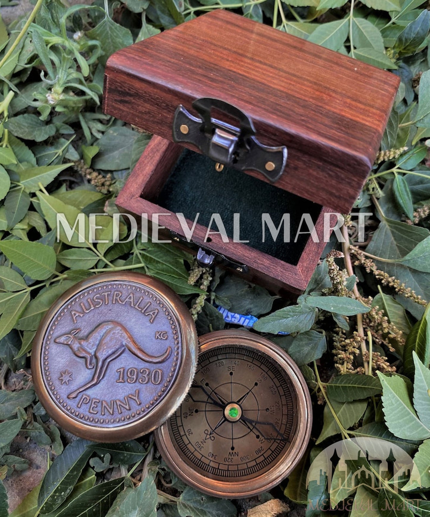 MEDIEVALMART FR Boussole Nautique Vintage Trip Gear en Laiton – Finition Or Brillant avec Base en Bois | Cadeau pour Maman