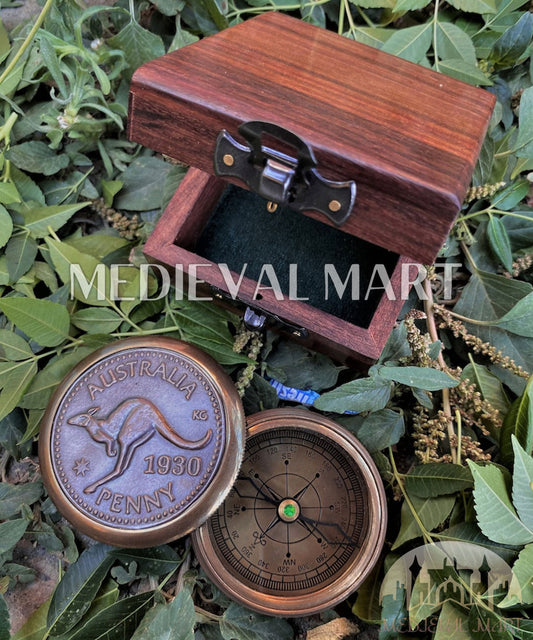 MEDIEVALMART FR Boussole Nautique Vintage Trip Gear en Laiton – Finition Or Brillant avec Base en Bois | Cadeau pour Maman