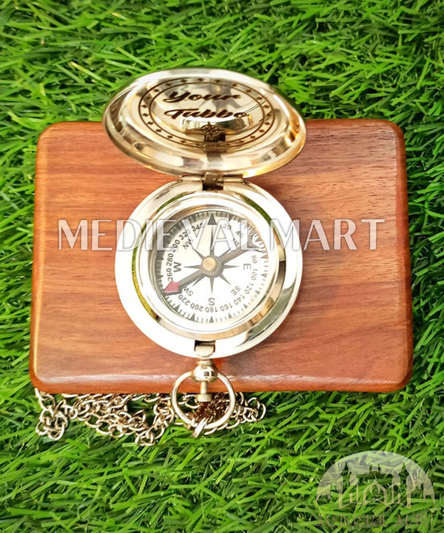 MEDIEVALMART FR Boussole Nautique Vintage Trip Gear en Laiton – Finition Or Brillant avec Base en Bois | Cadeau pour Maman