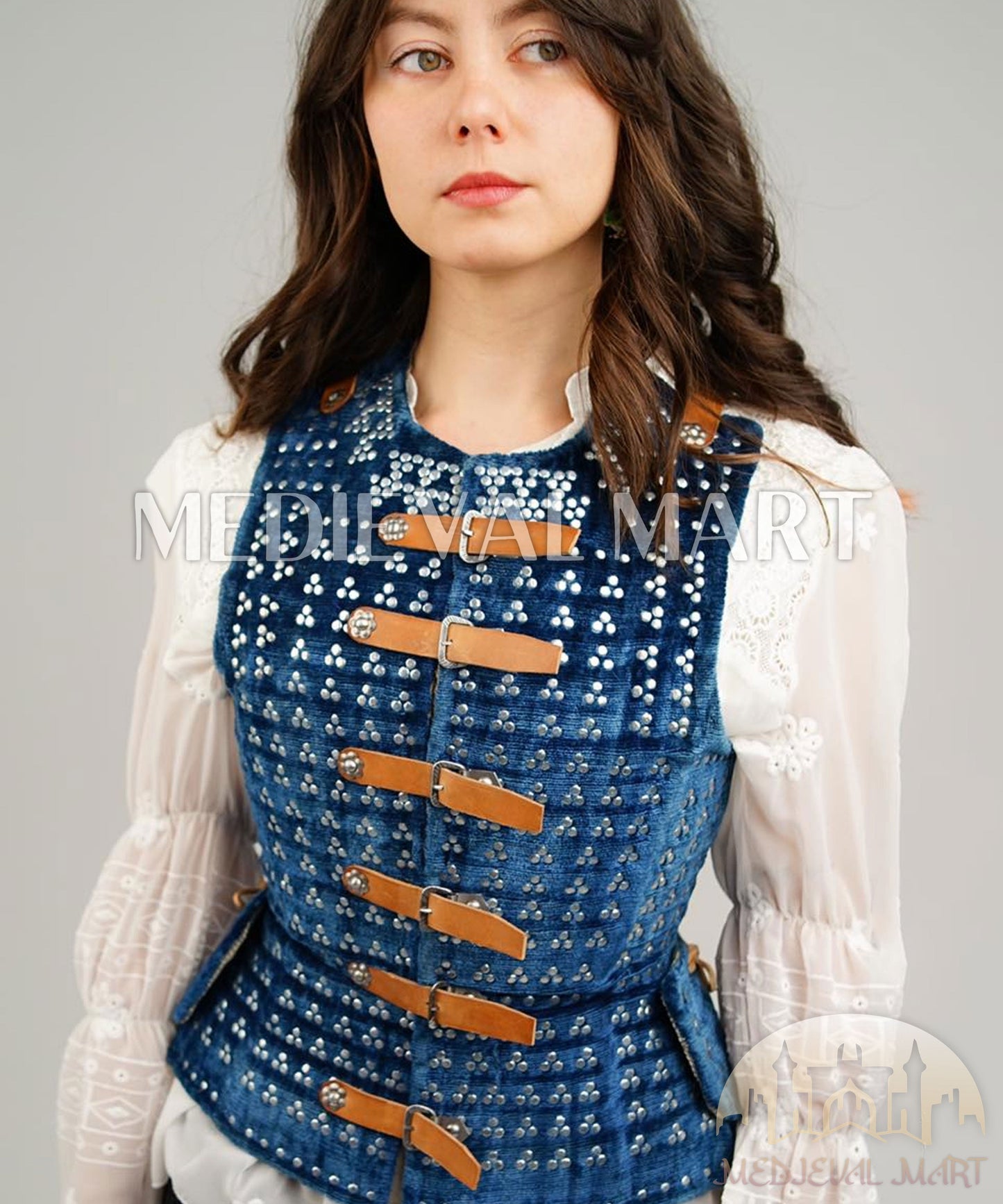 MEDIEVALMART  Brigandine Renaissance Espagnole PREMIUM Bleue – Édition Spéciale Femme – Idéale pour Adolescentes