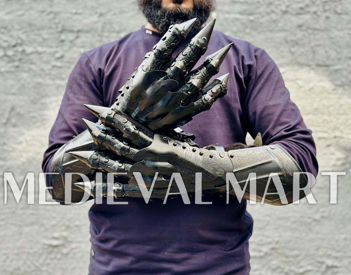 MEDIEVALMART FR Ensemble De Gantelets Dorés Inspirés De Sauron Witcher LOTR Avec Étoile Bleue – Gants D’Armure Cosplay