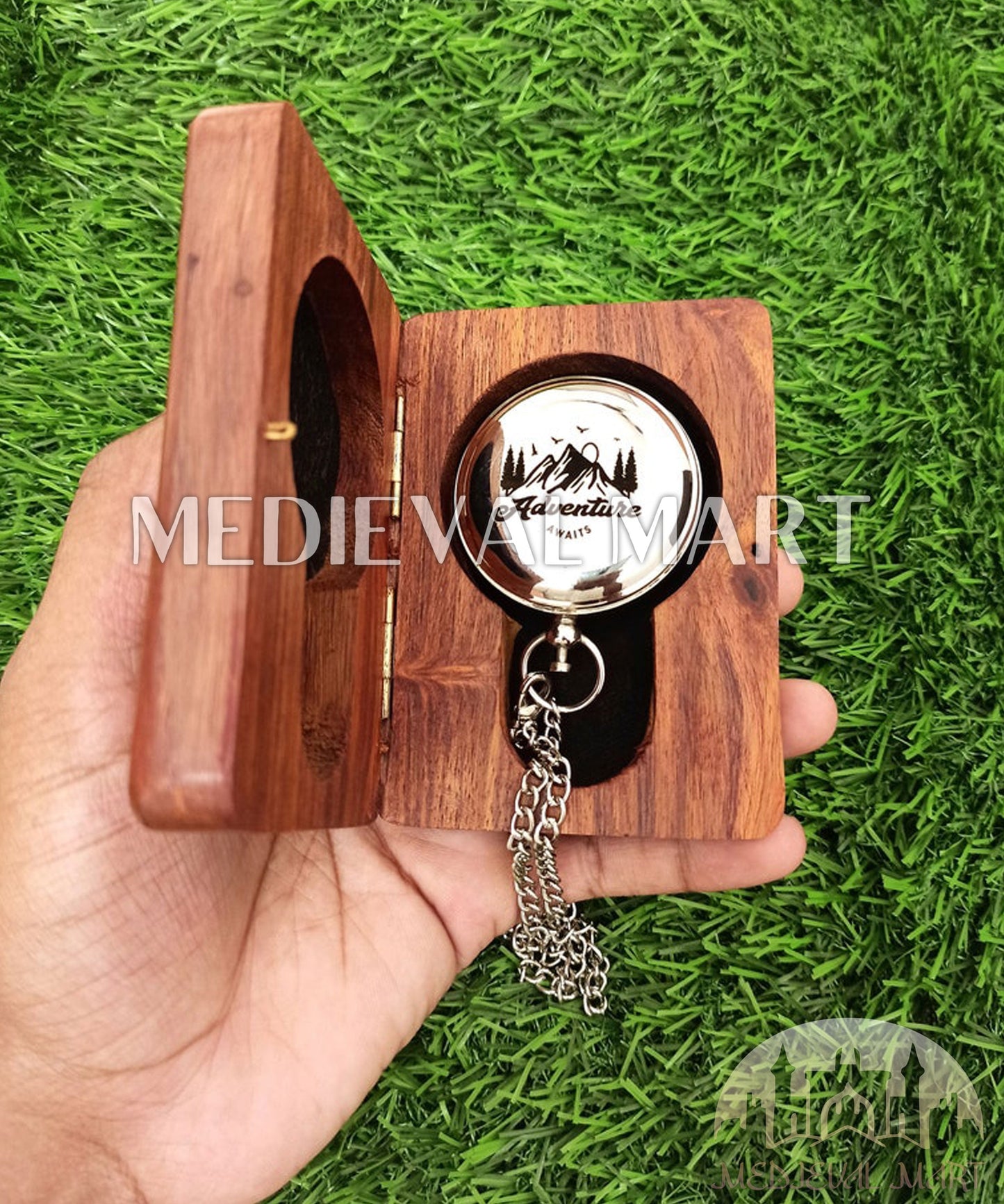 MEDIEVALMART FR Boussole Nautique Vintage Trip Gear en Laiton – Finition Or Brillant avec Base en Bois | Cadeau pour Maman