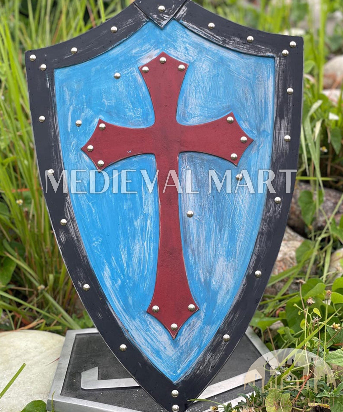 MEDIEVALMART FR Bouclier Médiéval Templier Inspiré de la Croix Zelda & Diable en Bois – Finition Bleue & Or | Cadeau pour Noël