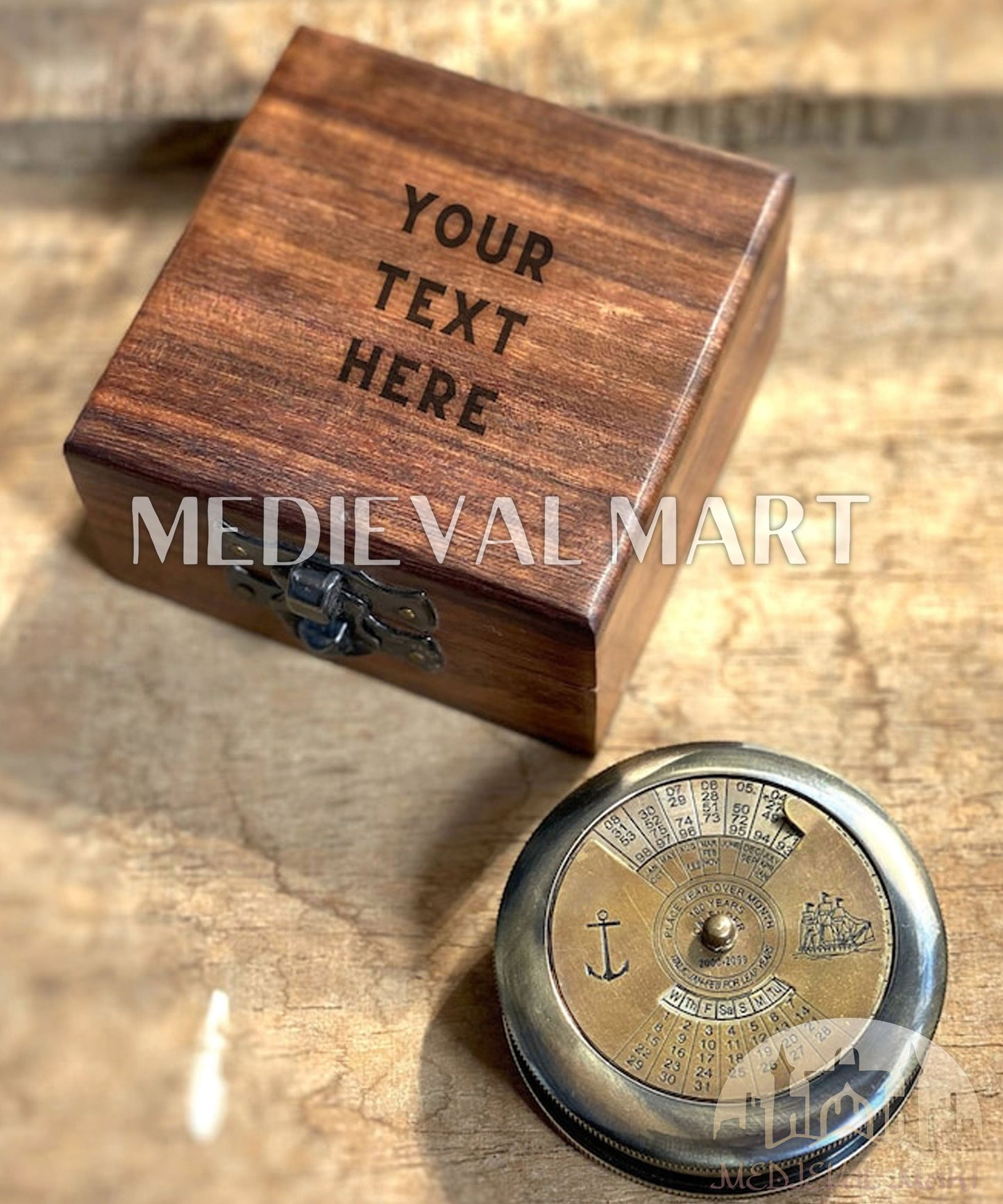 MEDIEVALMART FR Boussole Nautique Vintage Trip Gear en Laiton – Finition Or Brillant avec Base en Bois | Cadeau pour Maman