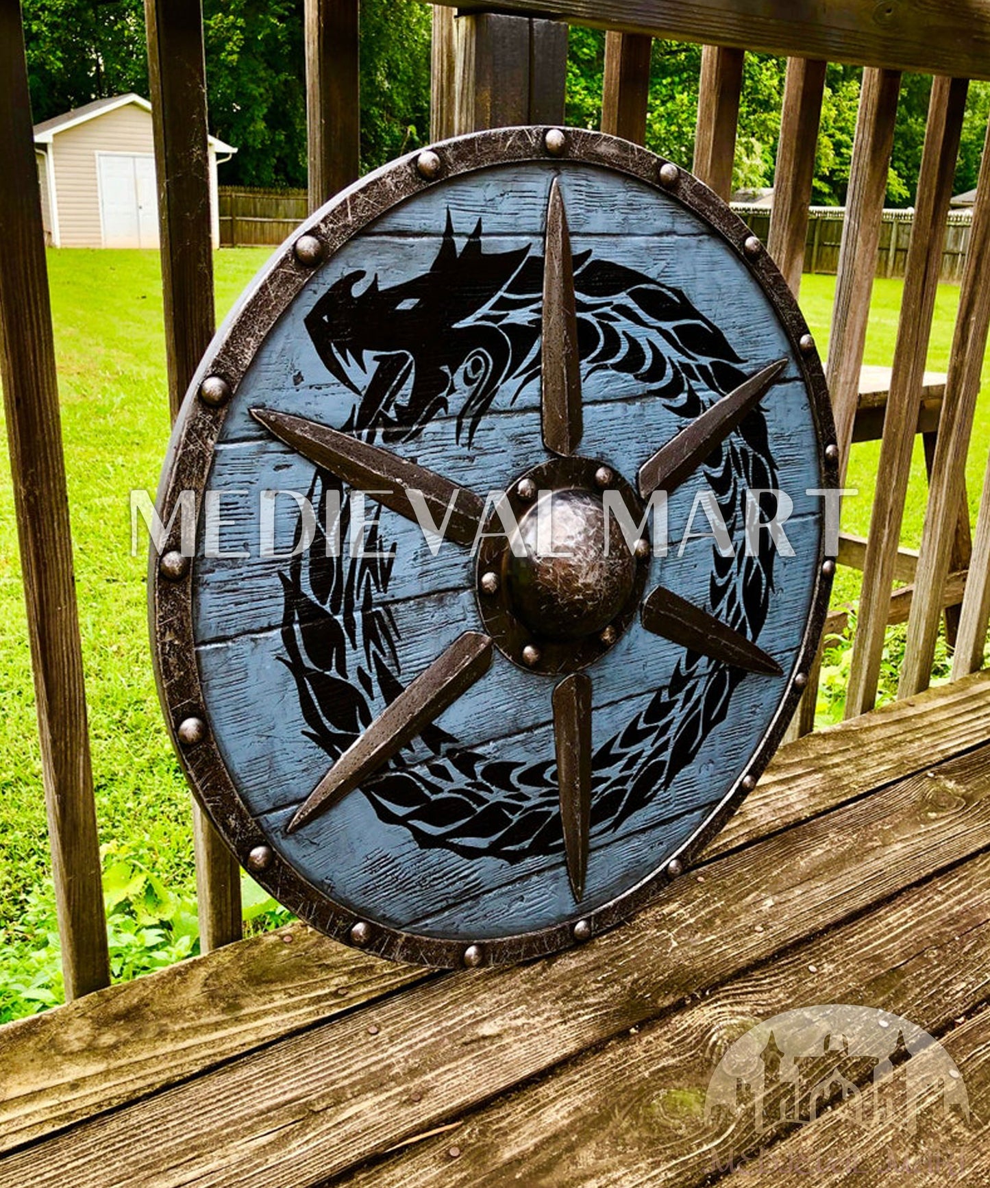 MEDIEVALMART FR Bouclier Viking Iconique Jarl Borg à Pointes en Fer – Bouclier Viking Battleworn | Cadeau pour Papa