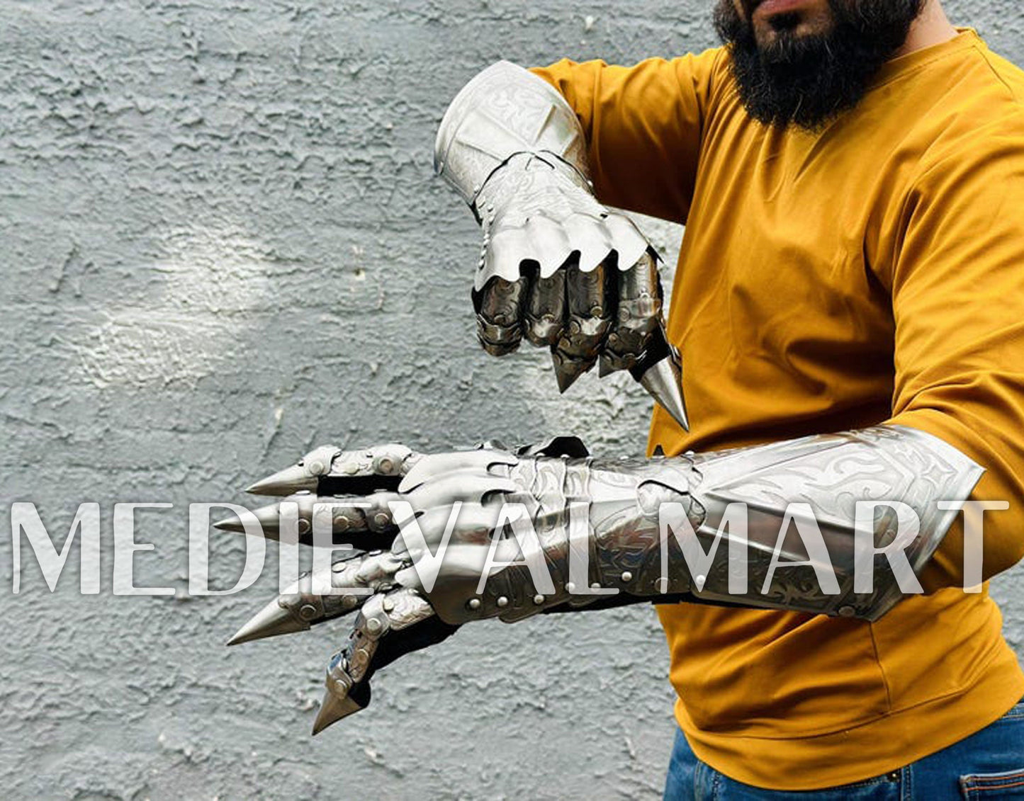 MEDIEVALMART FR Ensemble De Gantelets Dorés Inspirés De Sauron Witcher LOTR Avec Étoile Bleue – Gants D’Armure Cosplay