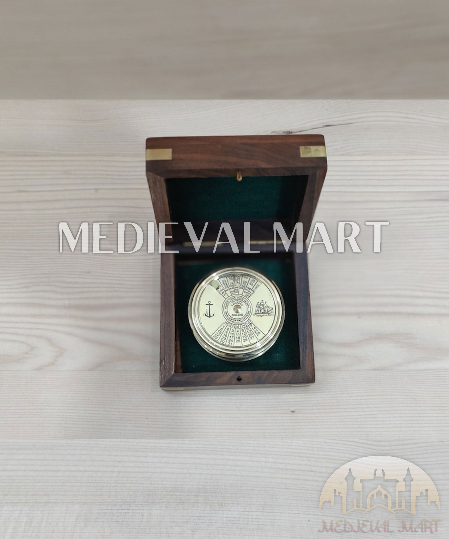MEDIEVALMART FR Boussole Nautique Vintage Trip Gear en Laiton – Finition Or Brillant avec Base en Bois | Cadeau pour Maman