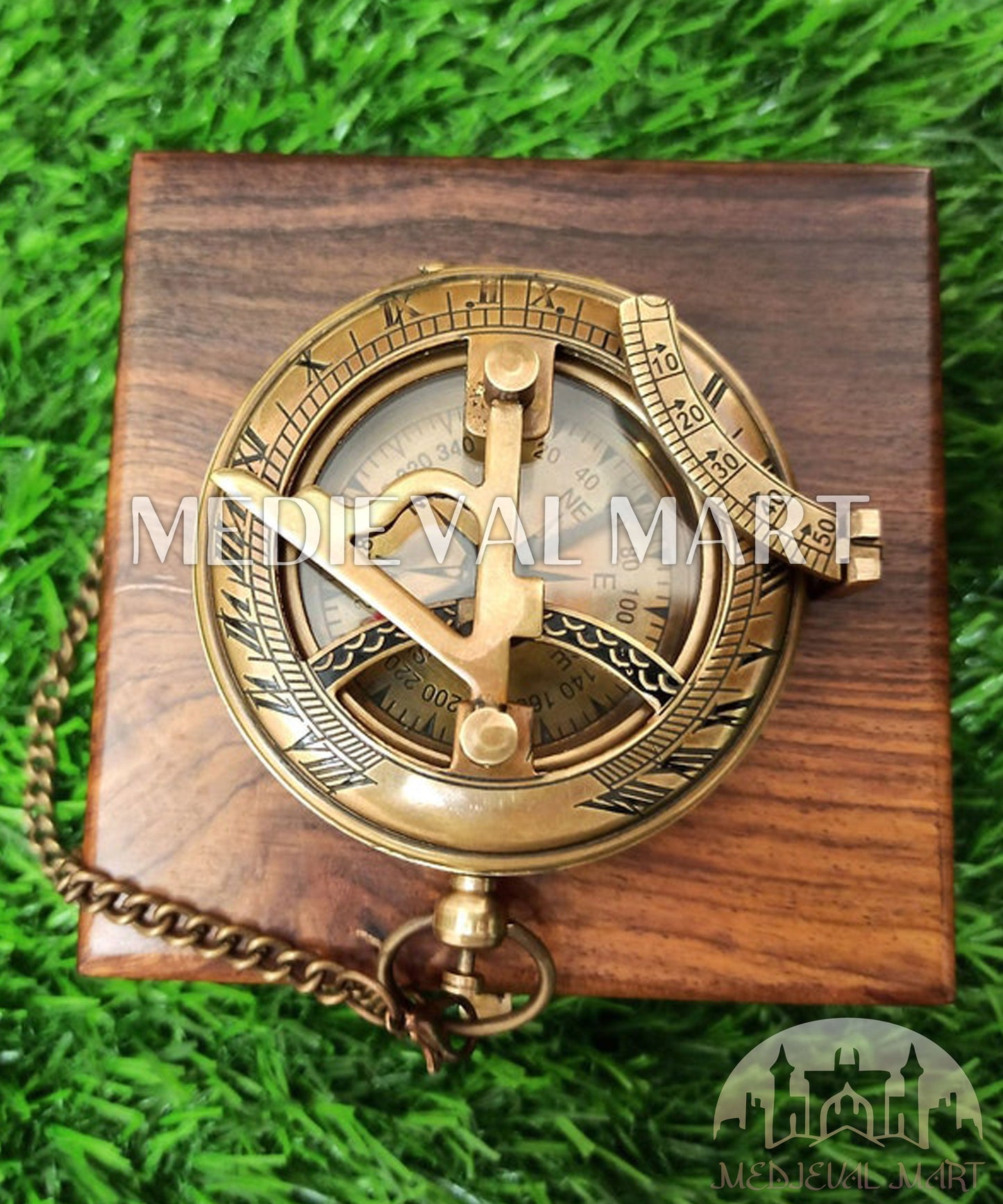 MEDIEVALMART FR Boussole Nautique Vintage Trip Gear en Laiton – Finition Or Brillant avec Base en Bois | Cadeau pour Maman