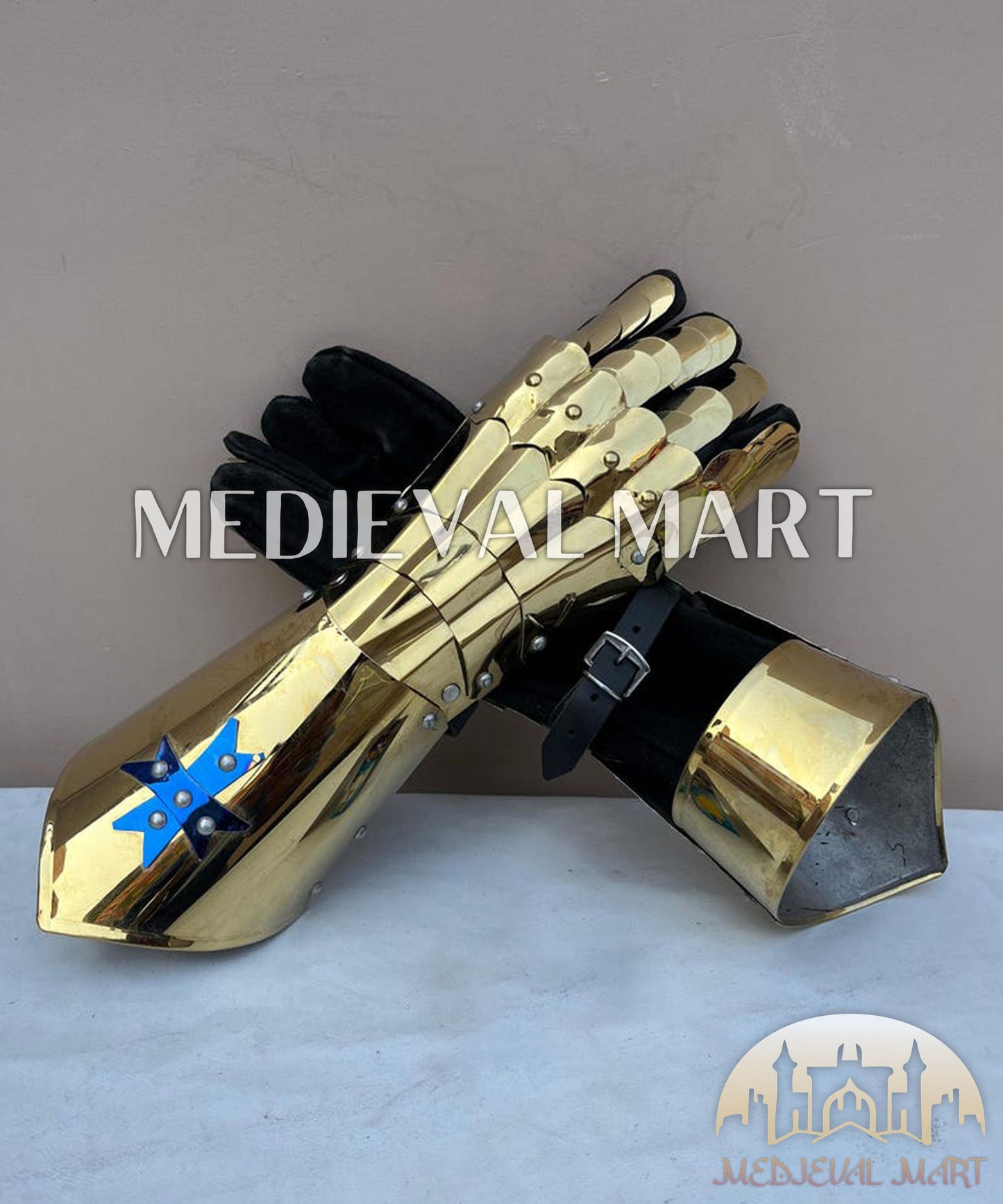 MEDIEVALMART FR Ensemble De Gantelets Dorés Inspirés De Sauron Witcher LOTR Avec Étoile Bleue – Gants D’Armure Cosplay