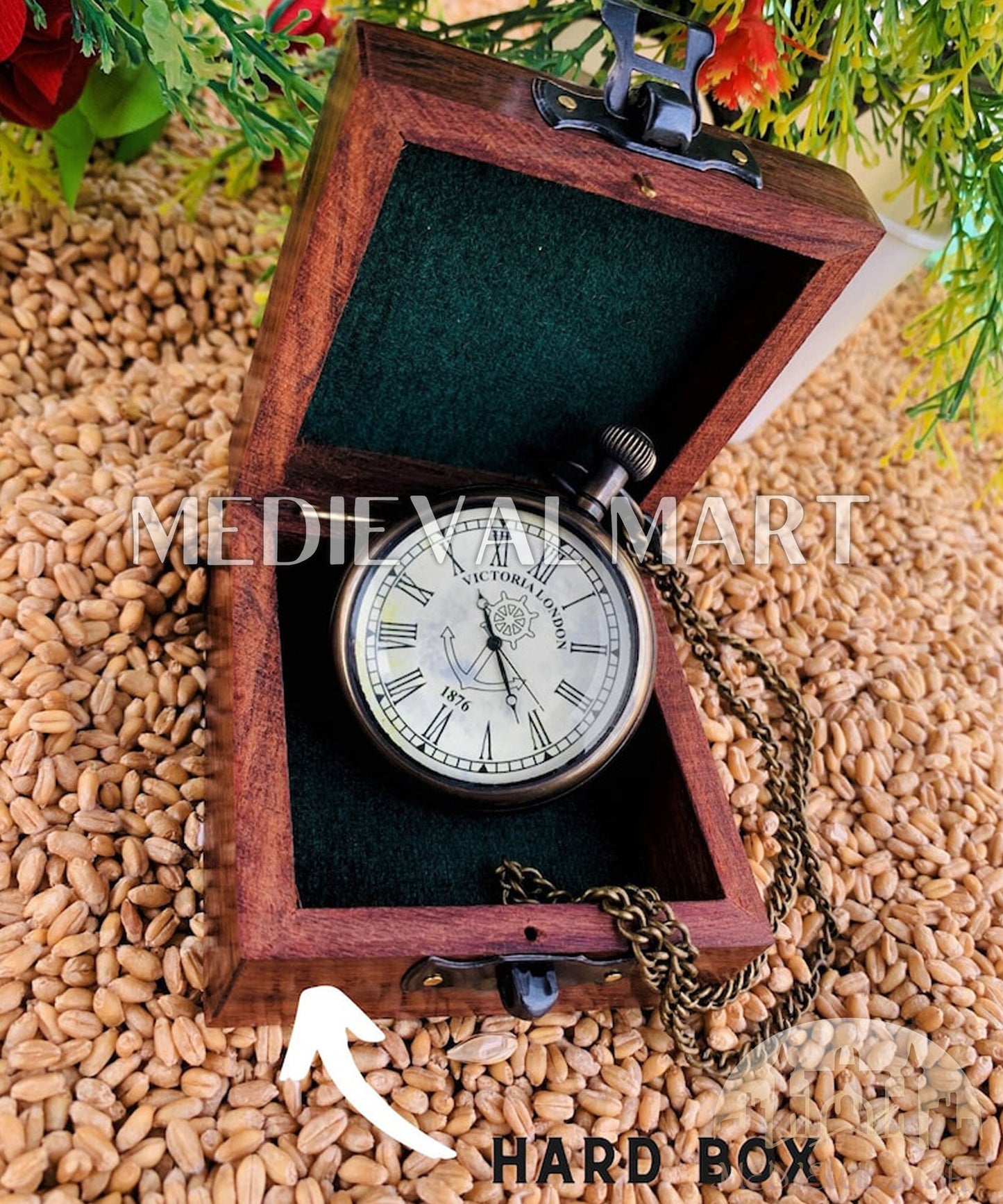 MEDIEVALMART FR Boussole Nautique Vintage Trip Gear en Laiton – Finition Or Brillant avec Base en Bois | Cadeau pour Maman