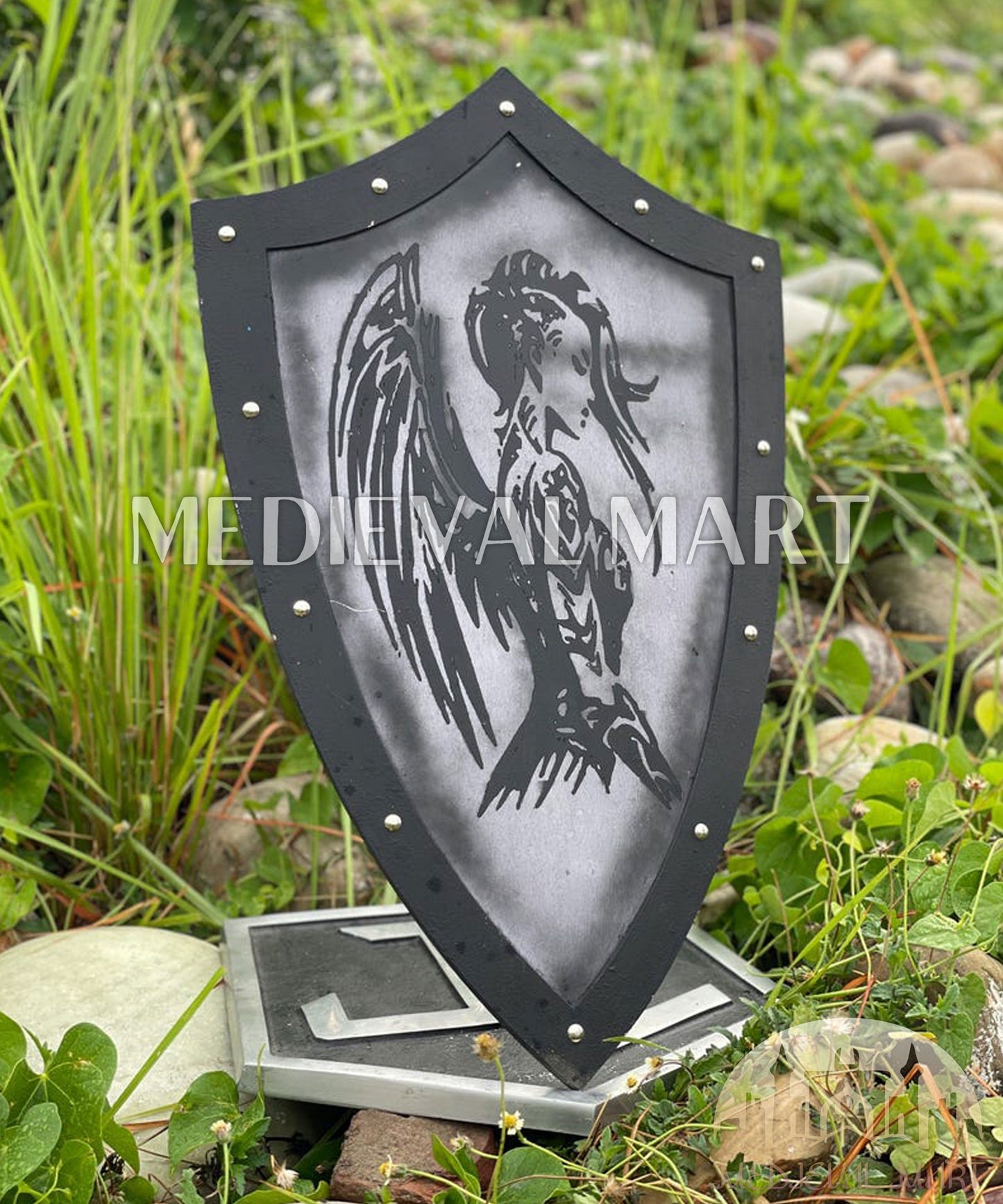 MEDIEVALMART FR Bouclier Médiéval Templier Inspiré de la Croix Zelda & Diable en Bois – Finition Bleue & Or | Cadeau pour Noël