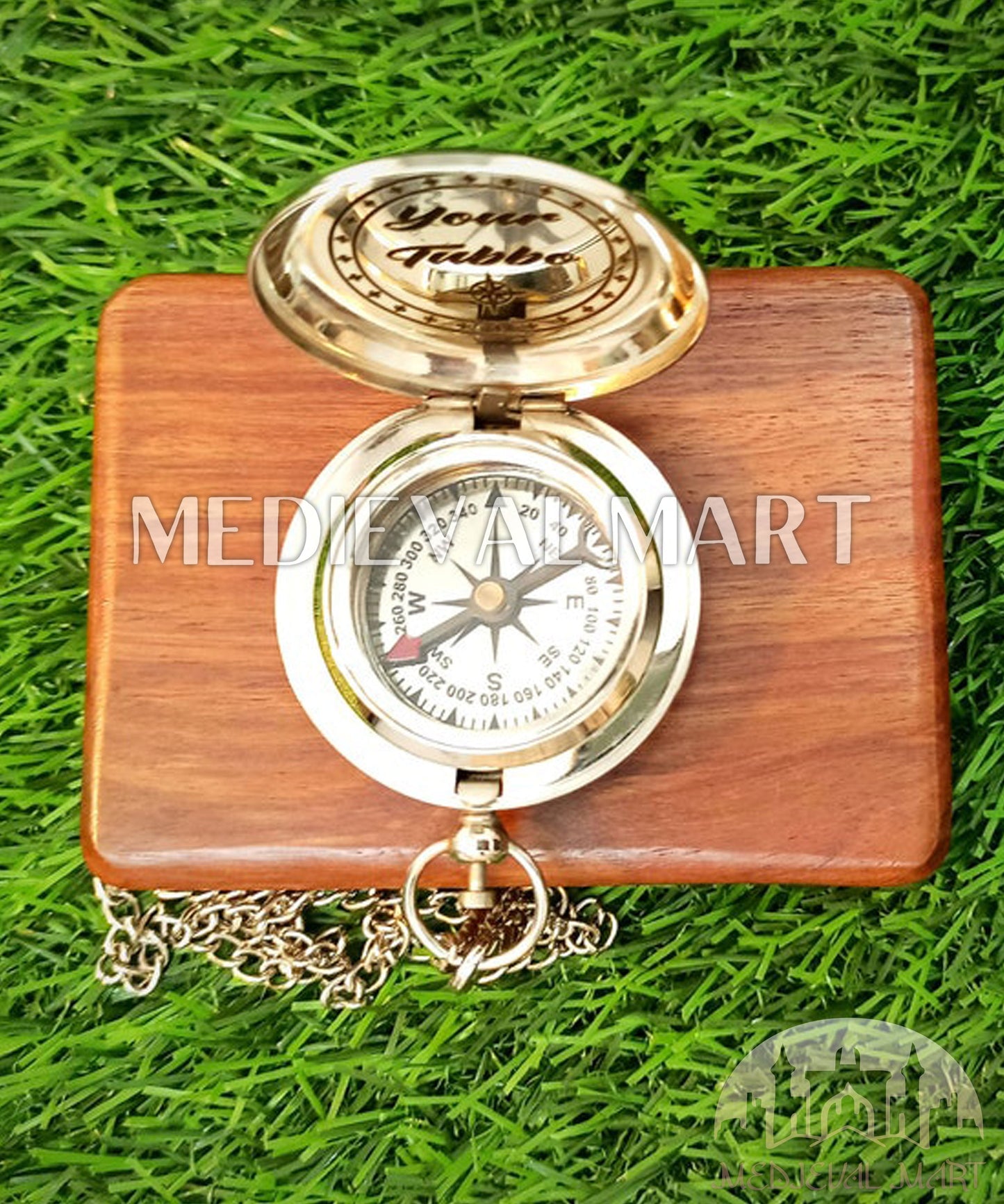 MEDIEVALMART FR Boussole Nautique Vintage Trip Gear en Laiton – Finition Or Brillant avec Base en Bois | Cadeau pour Maman