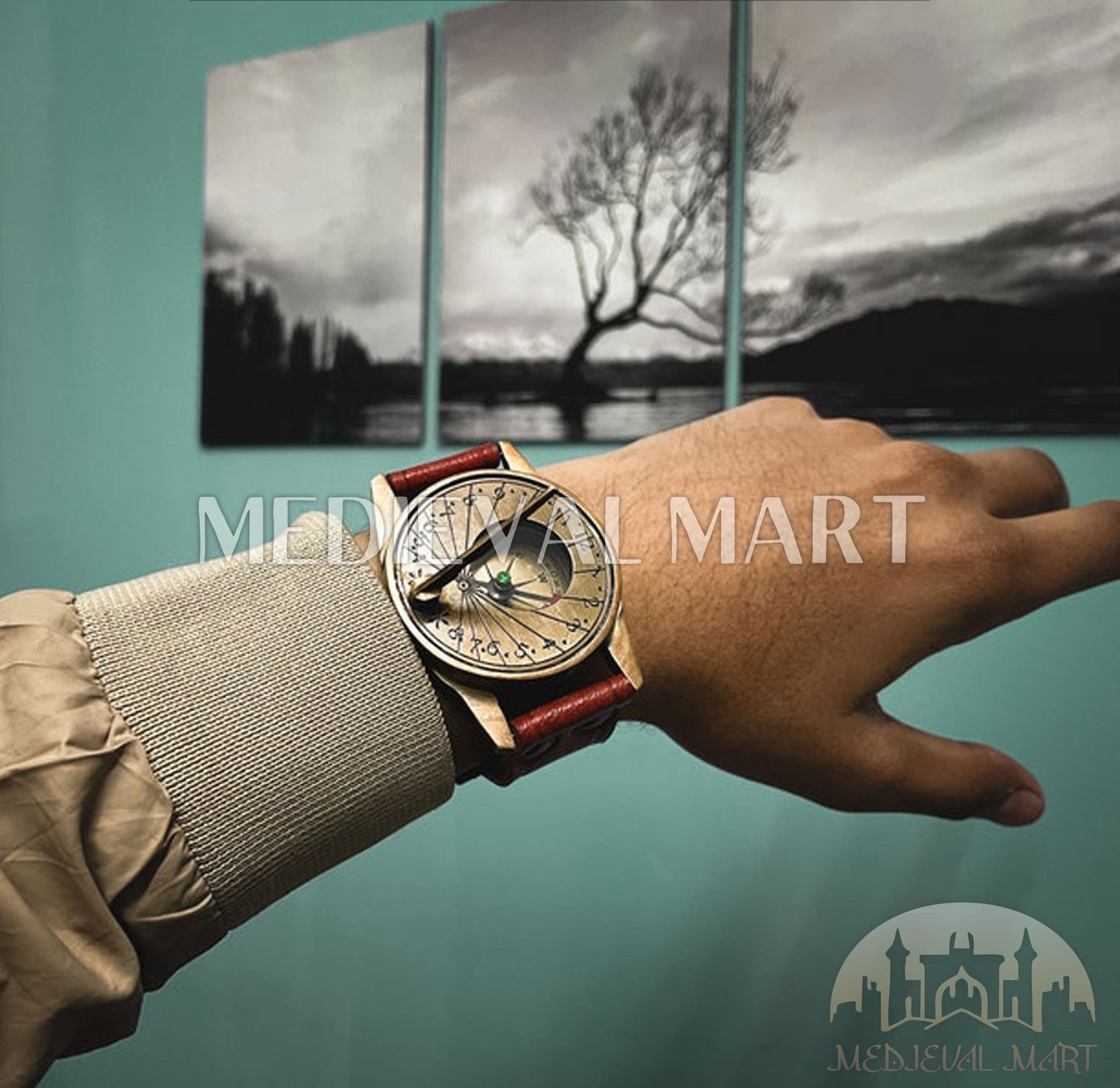 MEDIEVALMART FR Boussole Nautique Vintage Trip Gear en Laiton – Finition Or Brillant avec Base en Bois | Cadeau pour Maman