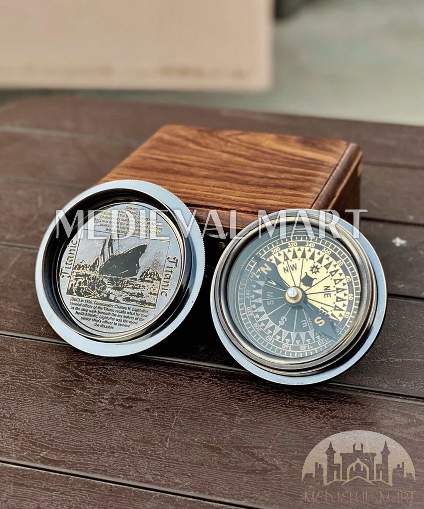 MEDIEVALMART FR Boussole Nautique Vintage Trip Gear en Laiton – Finition Or Brillant avec Base en Bois | Cadeau pour Maman