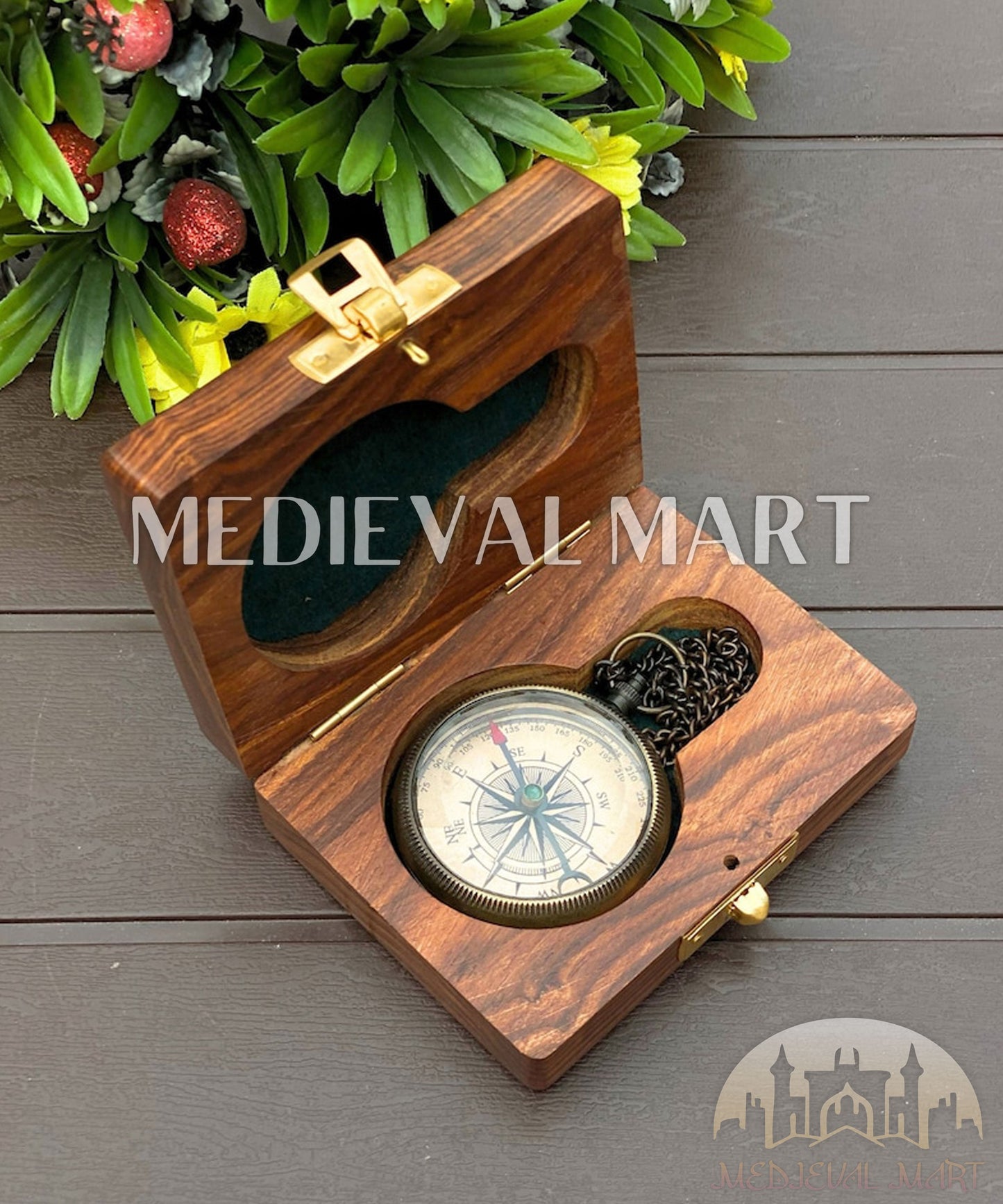 MEDIEVALMART FR Boussole Nautique Vintage Trip Gear en Laiton – Finition Or Brillant avec Base en Bois | Cadeau pour Maman