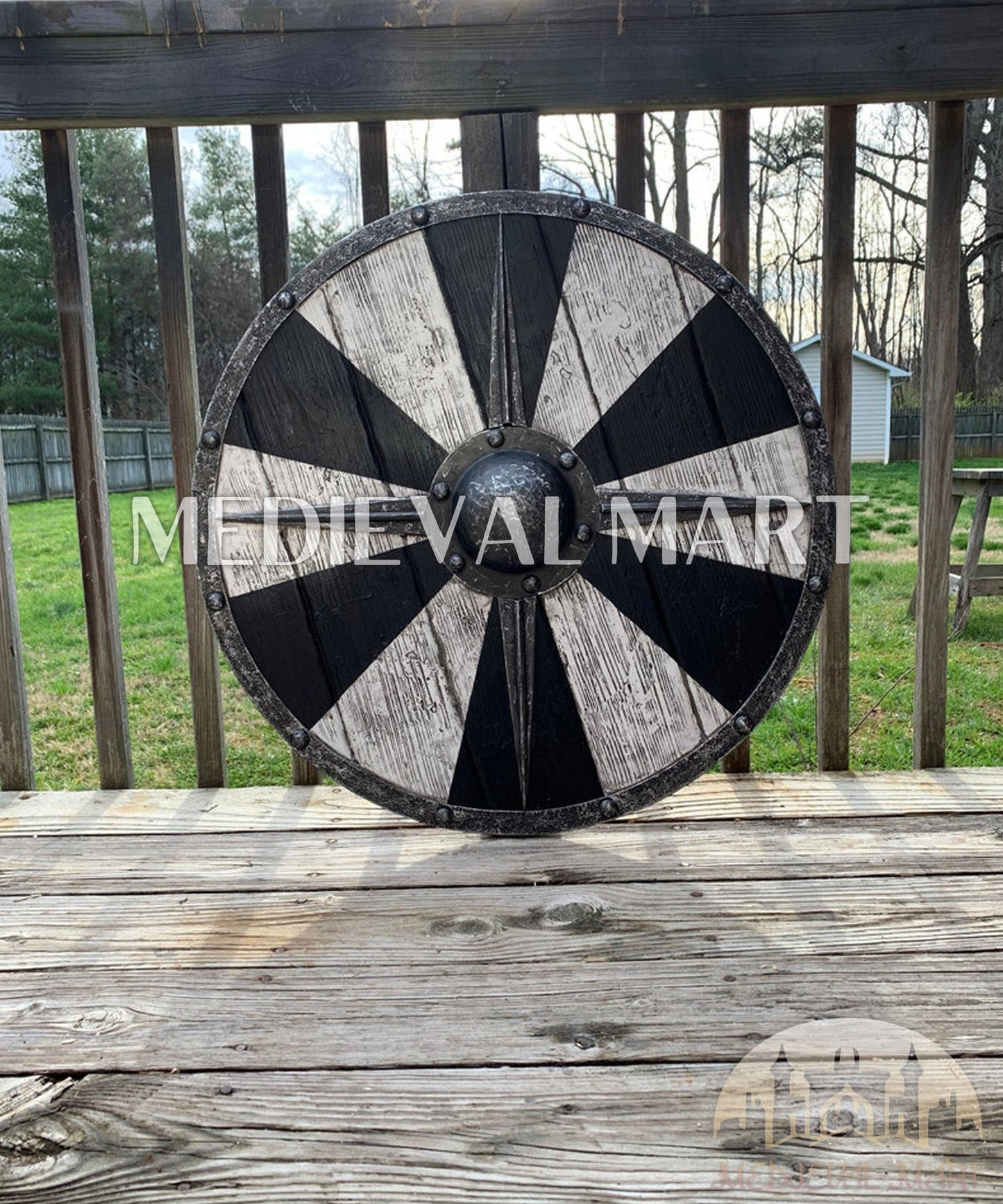 MEDIEVALMART FR Bouclier Viking Iconique Valhalla Noir/Gris – Ivar le Désossé avec Pointes en Fer | Cadeau pour Papa