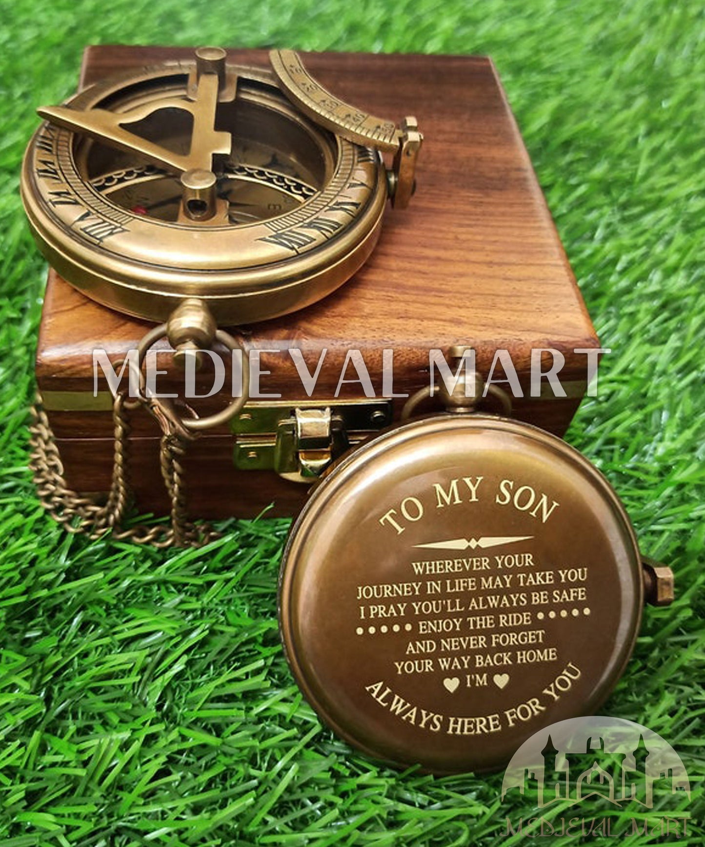 MEDIEVALMART FR Boussole Nautique Vintage Trip Gear en Laiton – Finition Or Brillant avec Base en Bois | Cadeau pour Maman