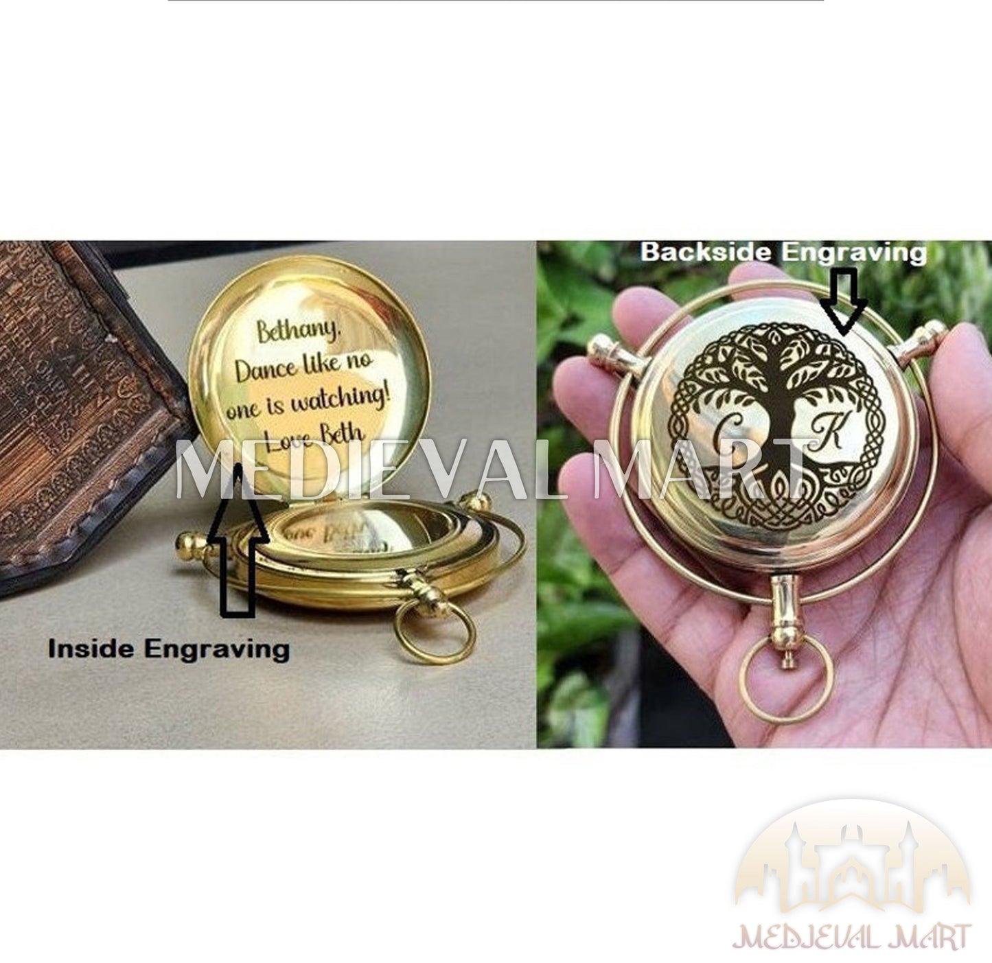 MEDIEVALMART FR Boussole Nautique Vintage Trip Gear en Laiton – Finition Or Brillant avec Base en Bois | Cadeau pour Maman