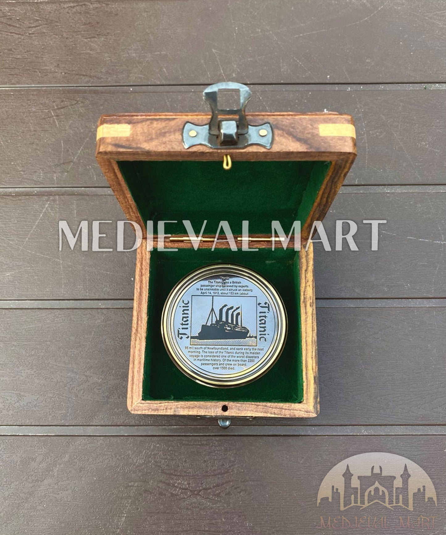 MEDIEVALMART FR Boussole Nautique Vintage Trip Gear en Laiton – Finition Or Brillant avec Base en Bois | Cadeau pour Maman