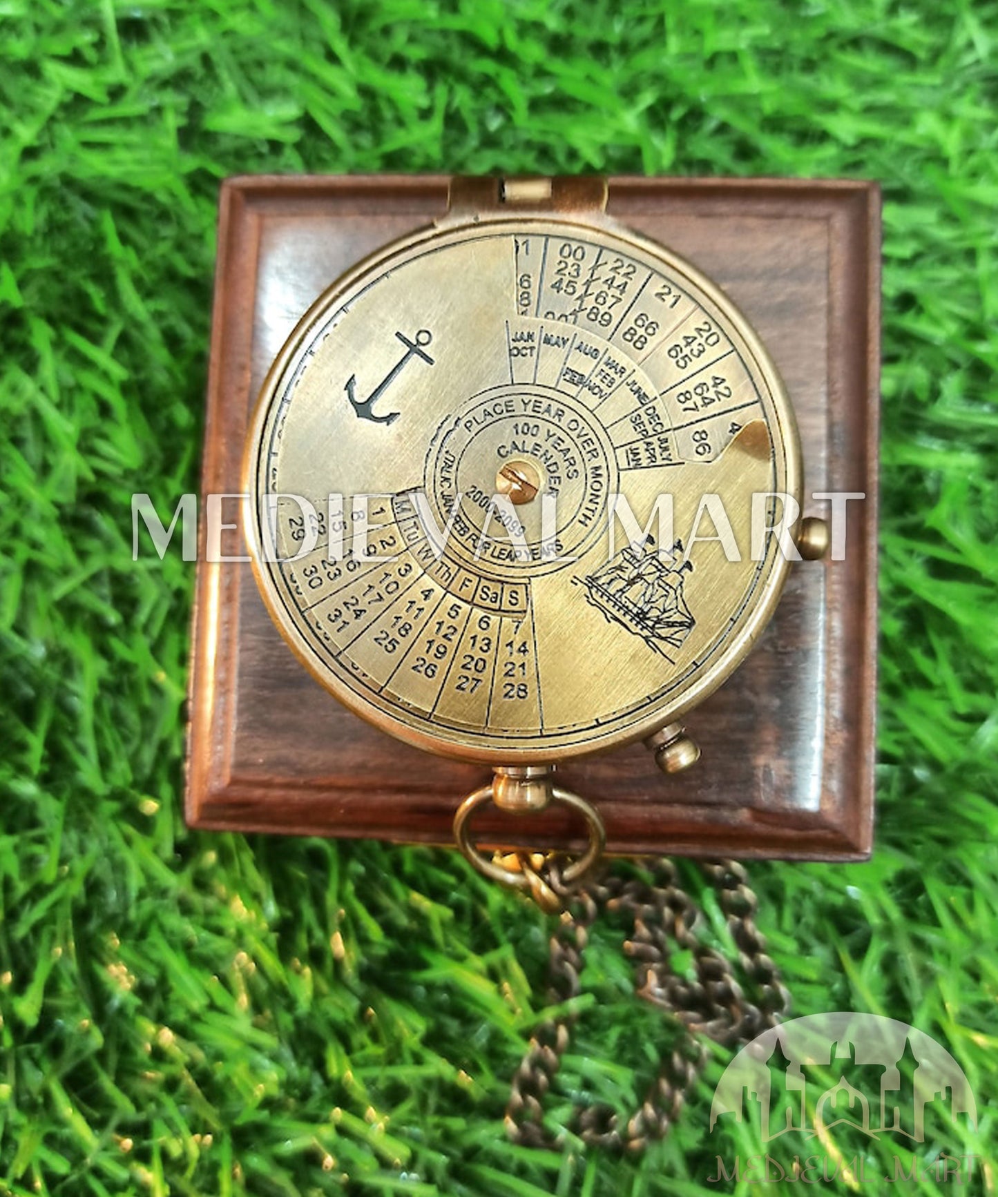 MEDIEVALMART FR Boussole Nautique Vintage Trip Gear en Laiton – Finition Or Brillant avec Base en Bois | Cadeau pour Maman