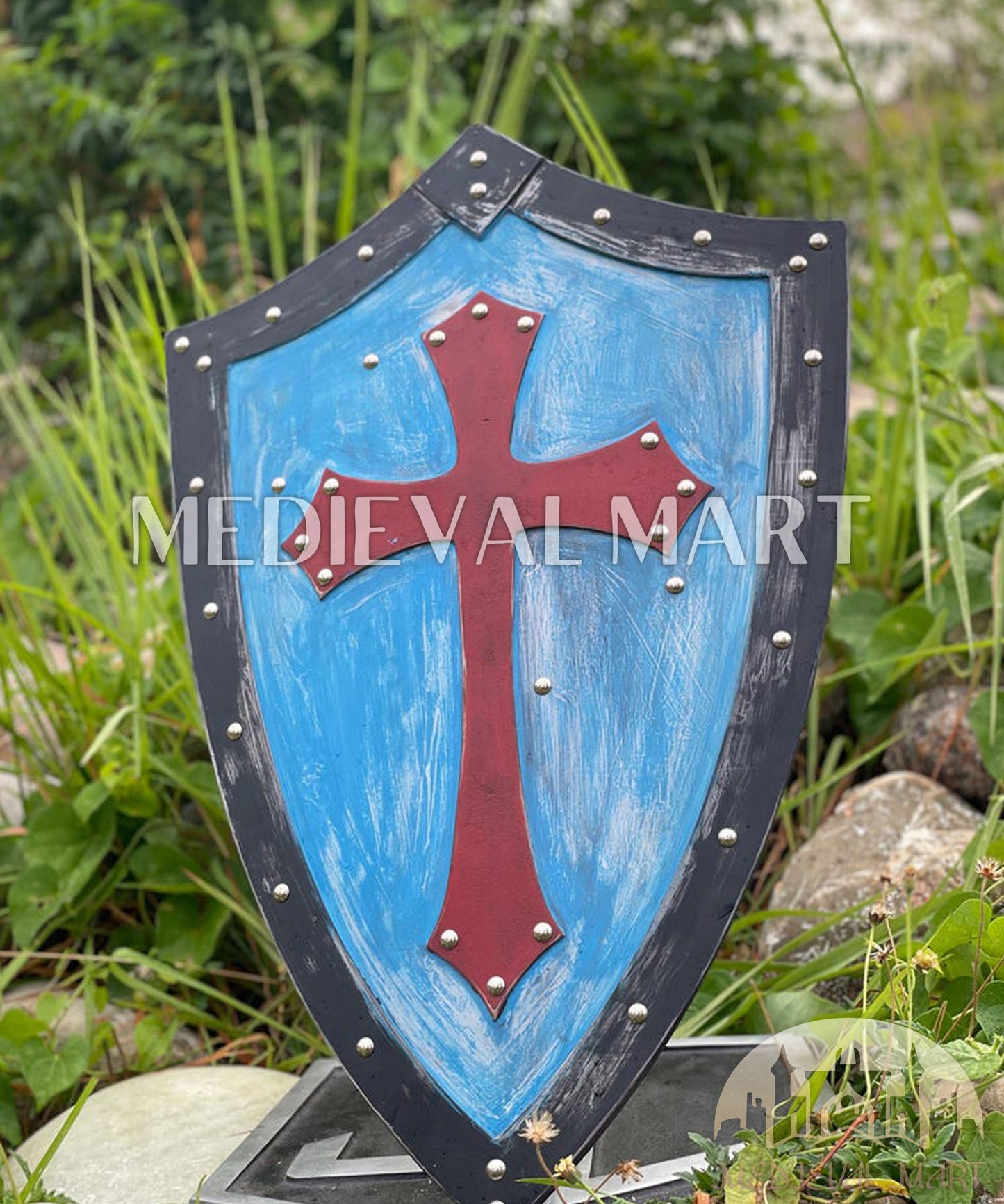 MEDIEVALMART FR Bouclier Médiéval Templier Inspiré de la Croix Zelda & Diable en Bois – Finition Bleue & Or | Cadeau pour Noël