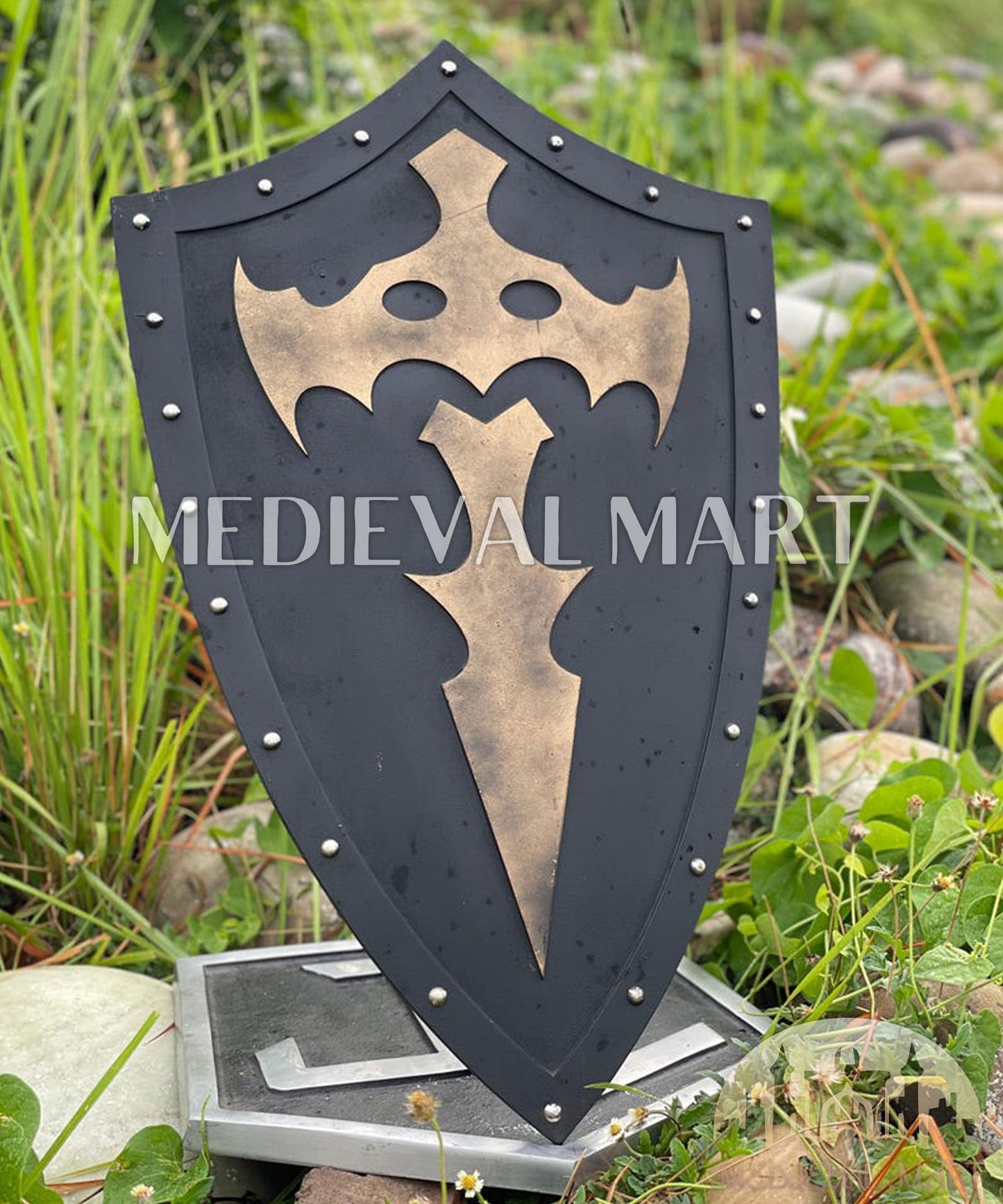 MEDIEVALMART FR Bouclier Médiéval Templier Inspiré de la Croix Zelda & Diable en Bois – Finition Bleue & Or | Cadeau pour Noël