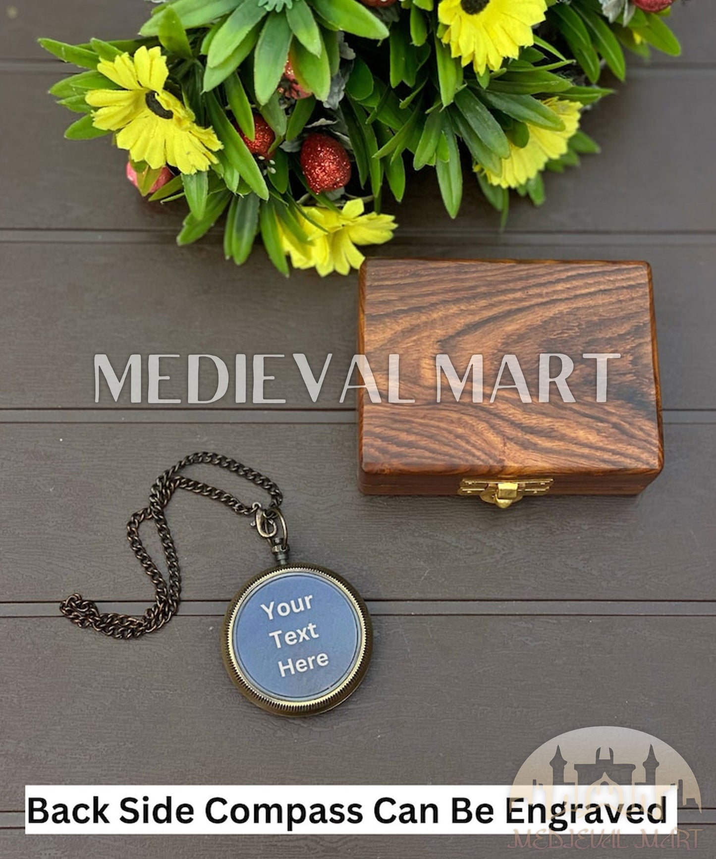 MEDIEVALMART FR Boussole Nautique Vintage Trip Gear en Laiton – Finition Or Brillant avec Base en Bois | Cadeau pour Maman