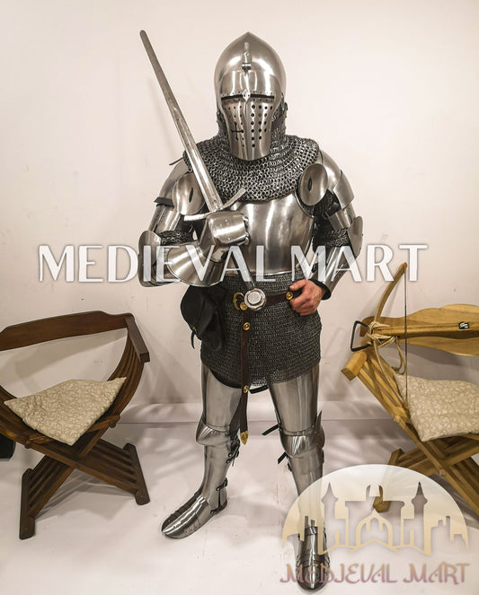 MEDIEVALMART FR Armure de Combat du XIVe Siècle – Ensemble Complet d’Armure de Buhurt avec Bassinet Klappvisor & Épée