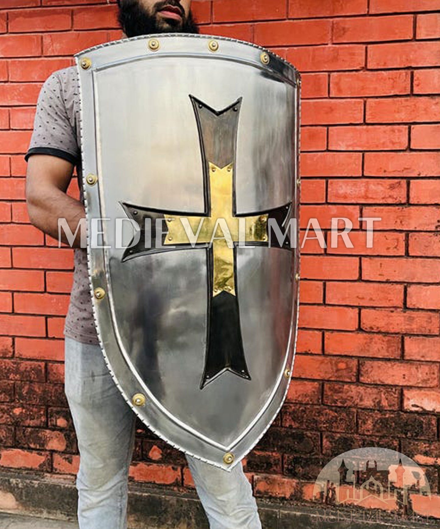 MEDIEVALMART FR Bouclier Médiéval Templier Inspiré de la Croix Zelda & Diable en Bois – Finition Bleue & Or | Cadeau pour Noël